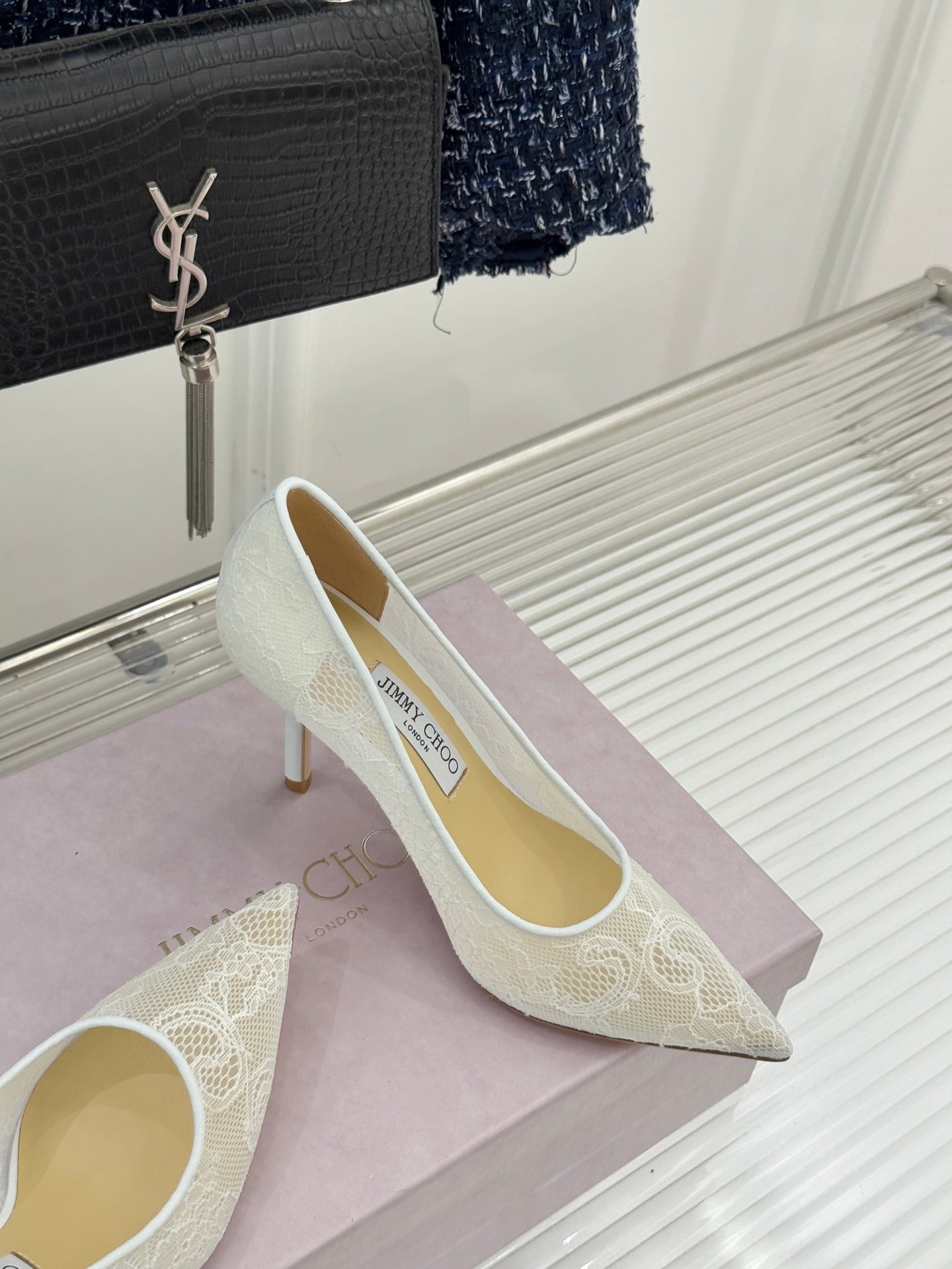 Jimmy Choo Classic Lace 65mm Pointed-Toe High Heels White Sheepskin 573531