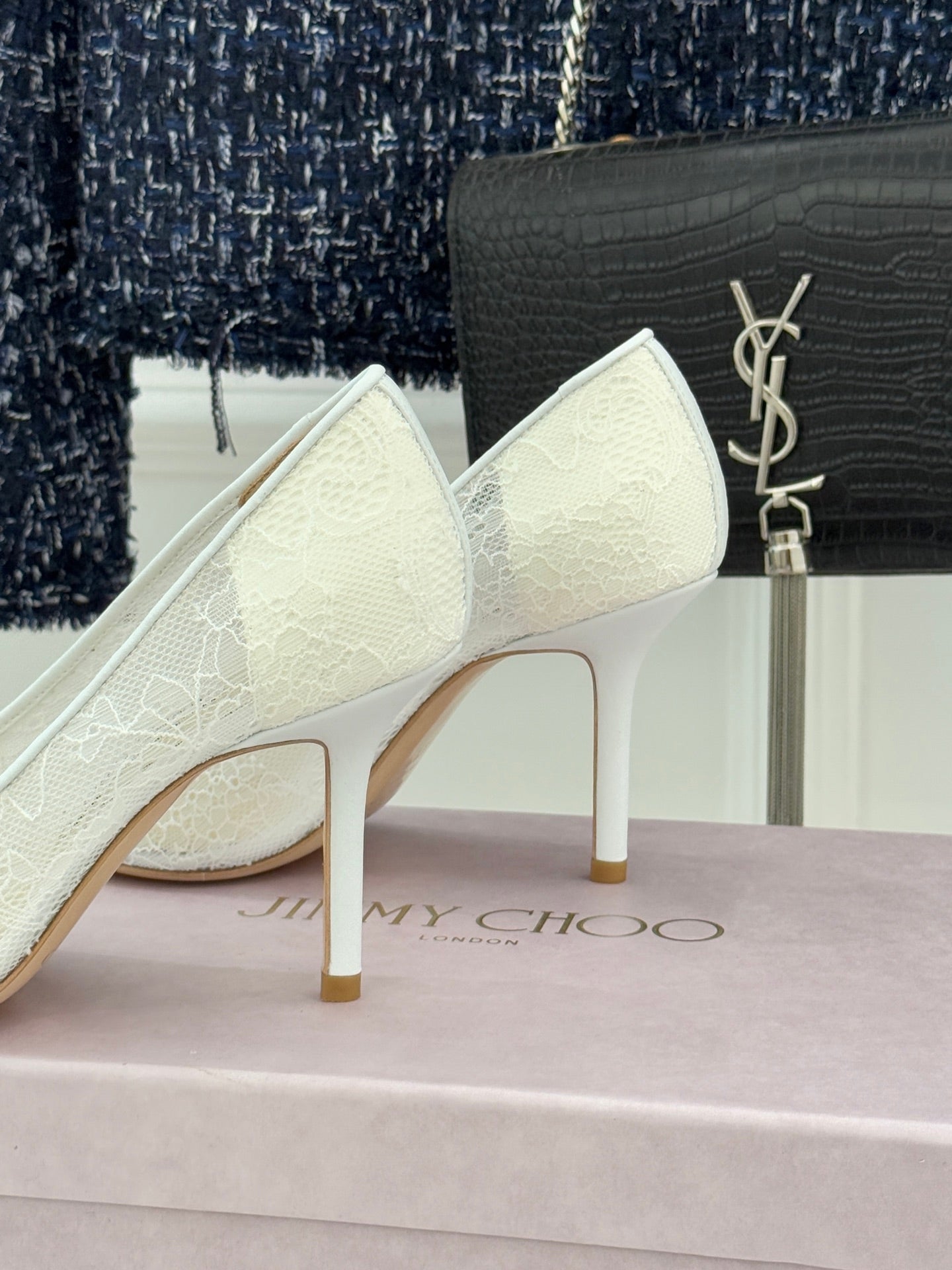 Jimmy Choo Classic Lace 65mm Pointed-Toe High Heels White Sheepskin 573531