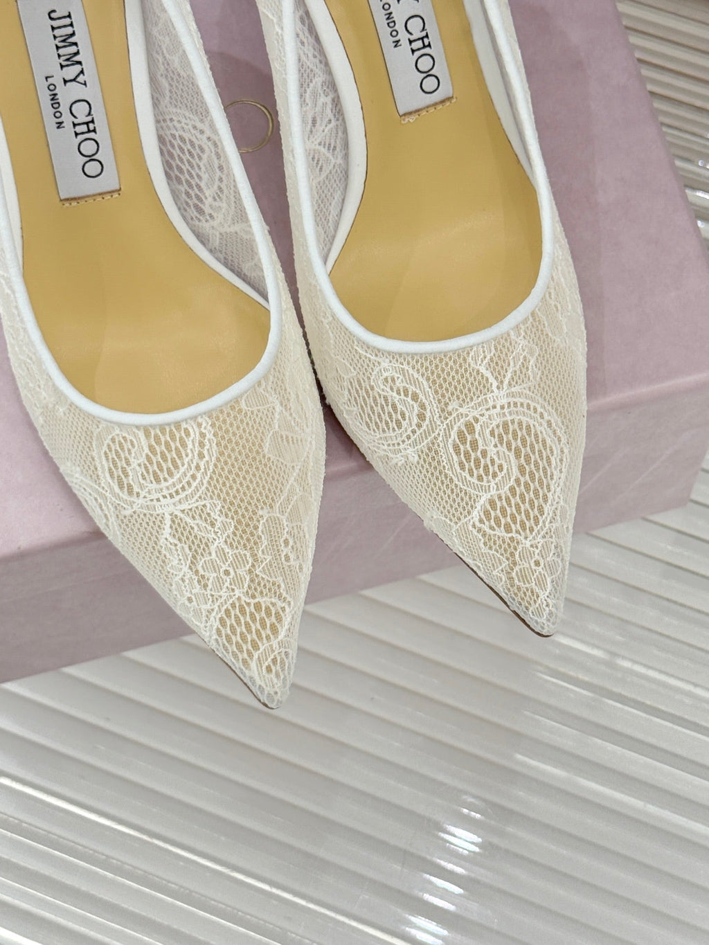 Jimmy Choo Classic Lace 65mm Pointed-Toe High Heels White Sheepskin 573531