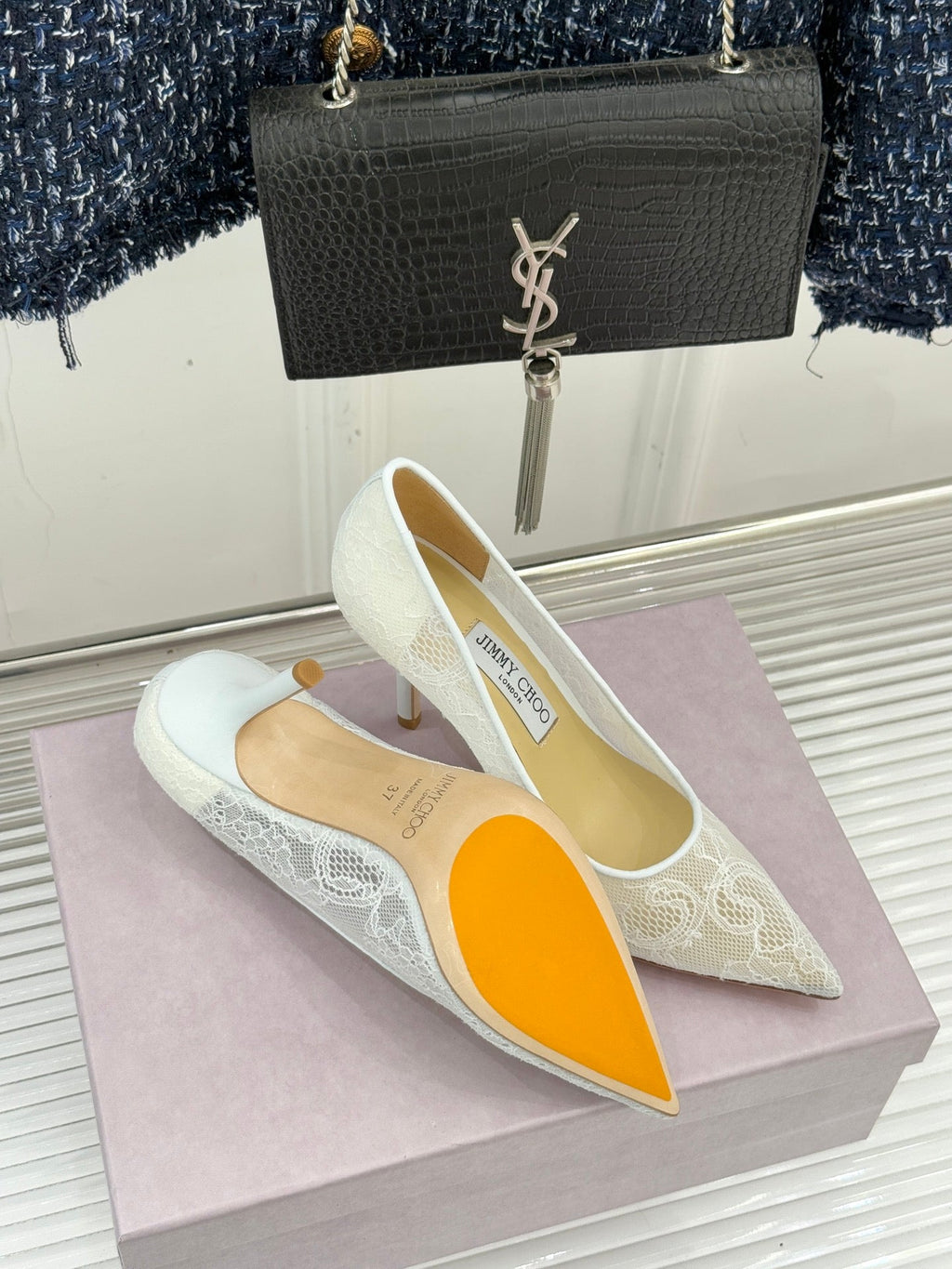 Jimmy Choo Classic Lace 65mm Pointed-Toe High Heels White Sheepskin 573531