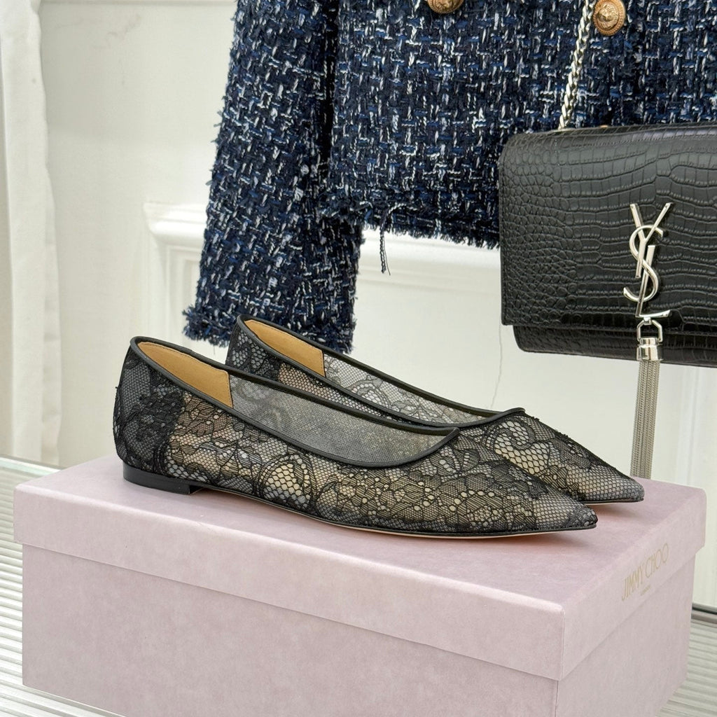 Jimmy Choo Classic Lace Pointed-Toe Ballet Flats Black Sheepskin 573526