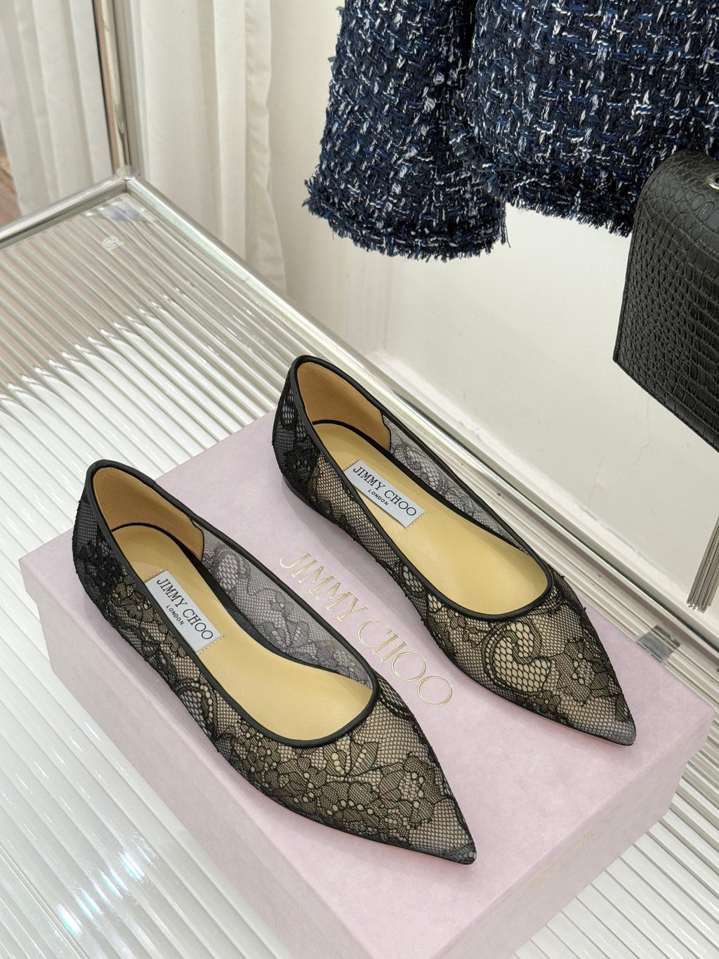 Jimmy Choo Classic Lace Pointed-Toe Ballet Flats Black Sheepskin 573526