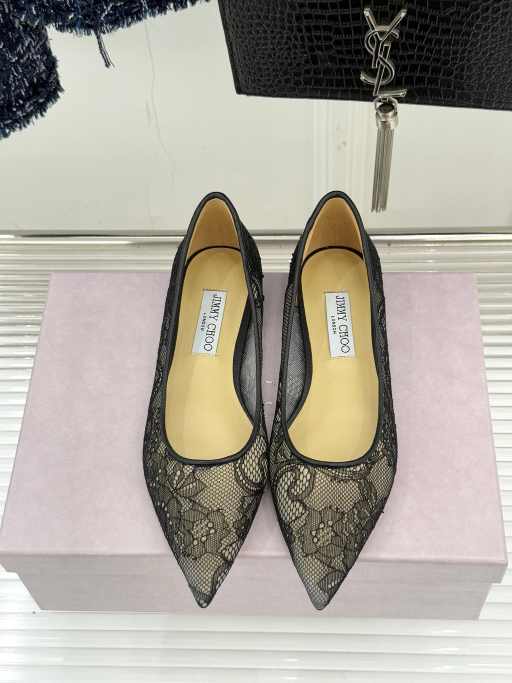 Jimmy Choo Classic Lace Pointed-Toe Ballet Flats Black Sheepskin 573526