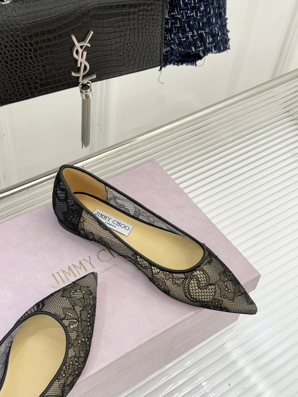 Jimmy Choo Classic Lace Pointed-Toe Ballet Flats Black Sheepskin 573526