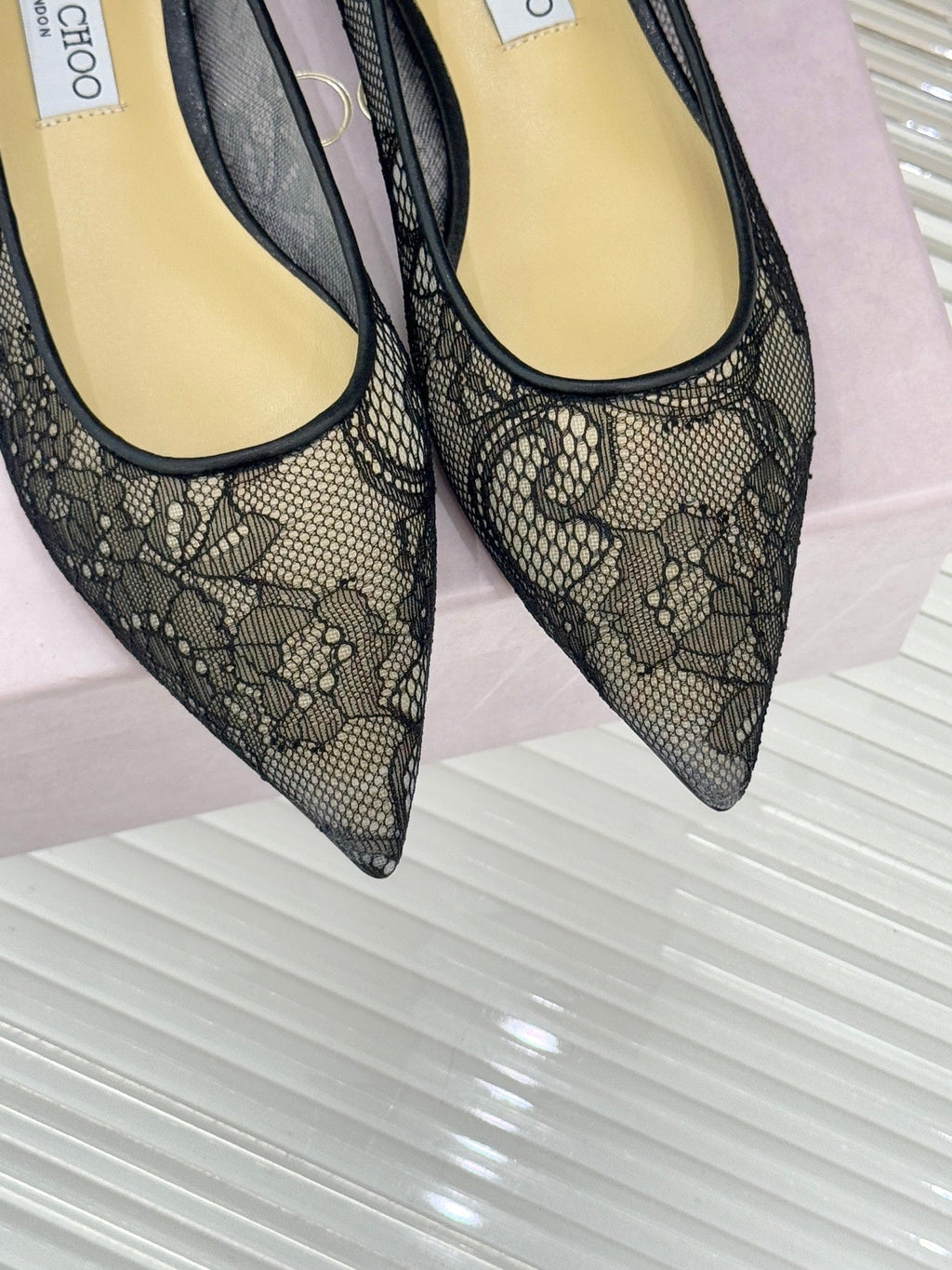 Jimmy Choo Classic Lace Pointed-Toe Ballet Flats Black Sheepskin 573526