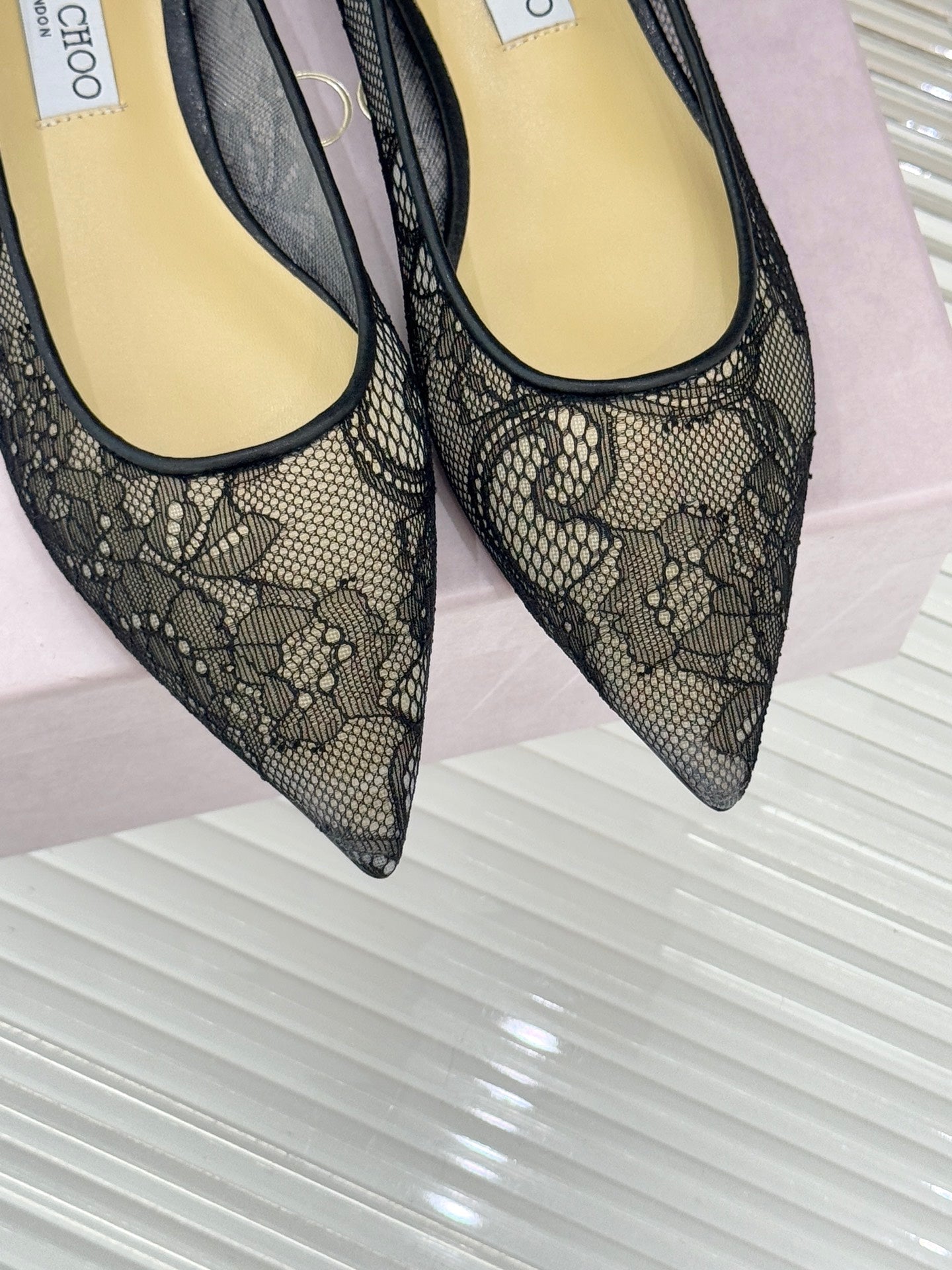 Jimmy Choo Classic Lace Pointed-Toe Ballet Flats Black Sheepskin 573526