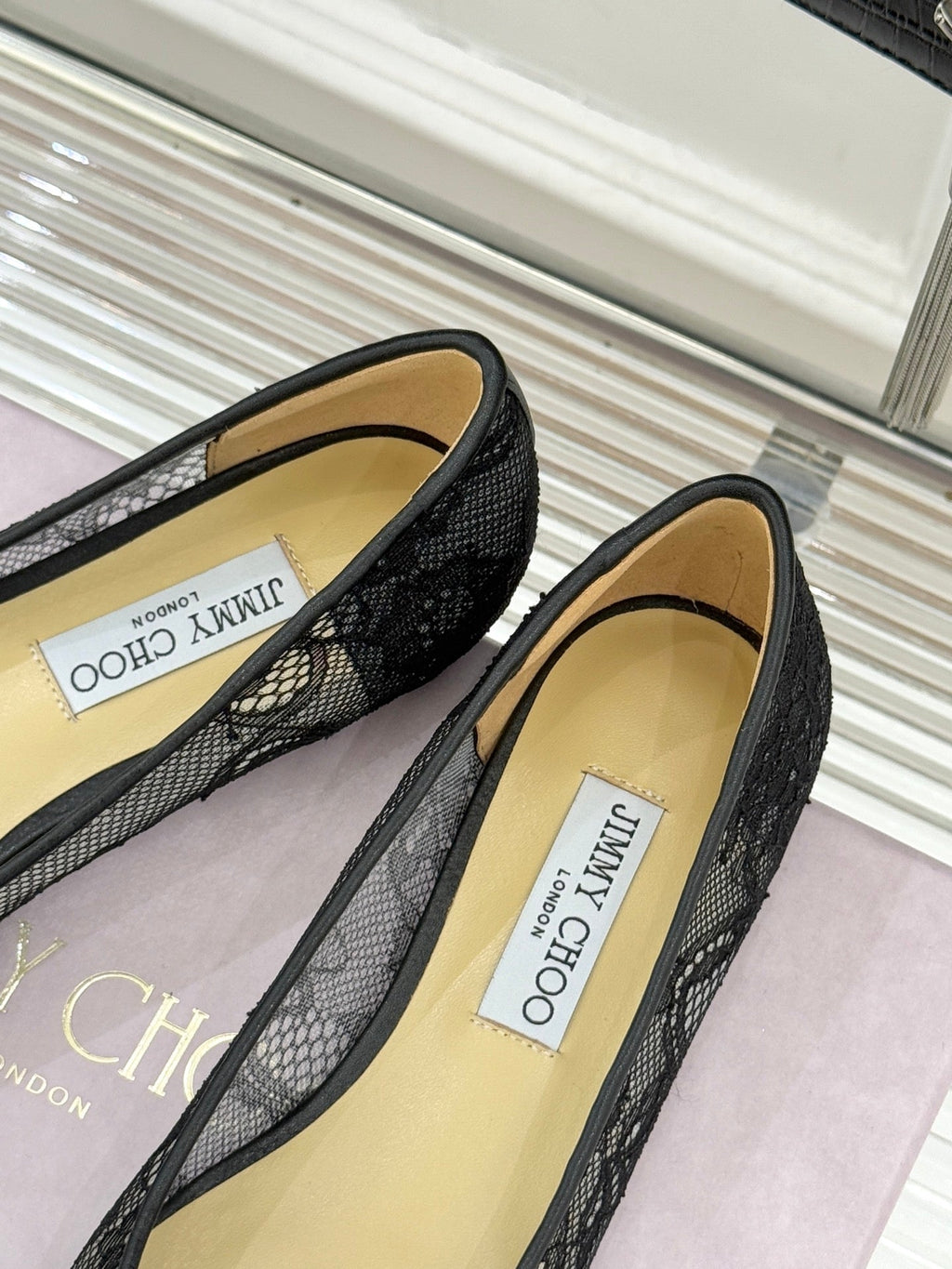 Jimmy Choo Classic Lace Pointed-Toe Ballet Flats Black Sheepskin 573526