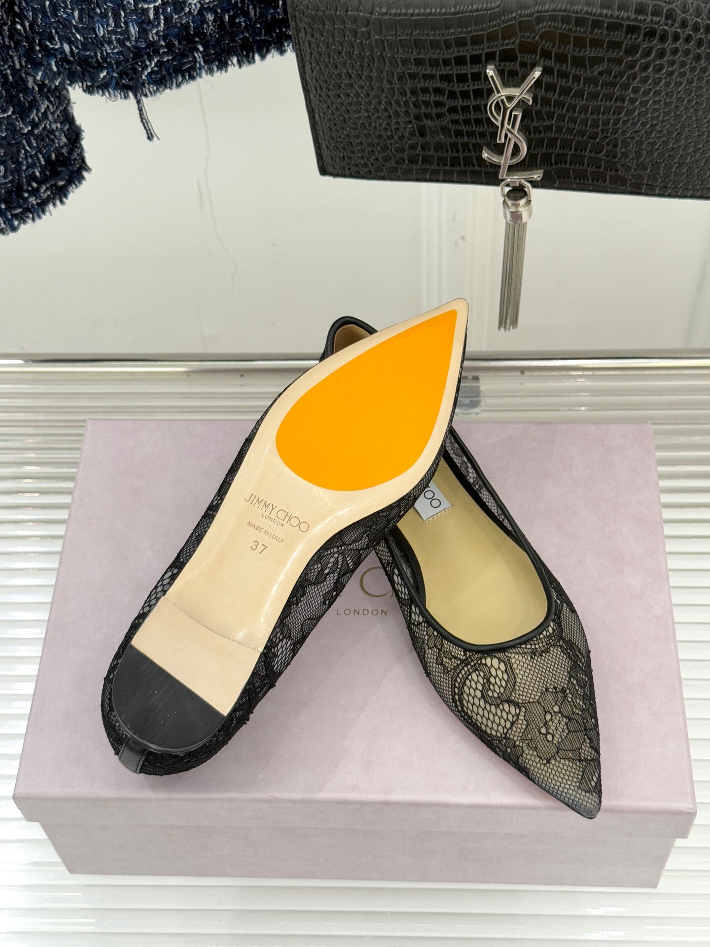 Jimmy Choo Classic Lace Pointed-Toe Ballet Flats Black Sheepskin 573526