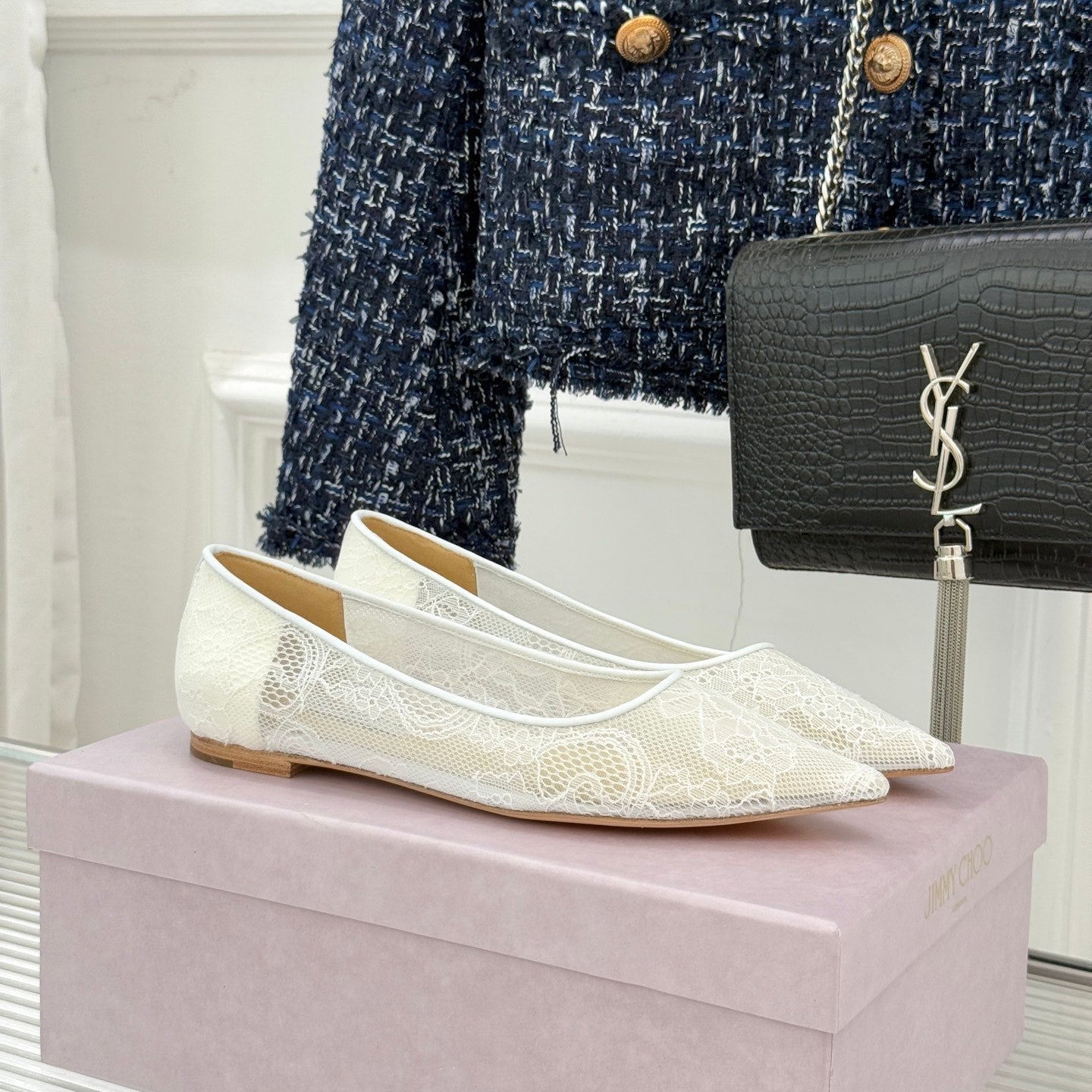 Jimmy Choo Classic Lace Pointed-Toe Ballet Flats White Sheepskin 573525