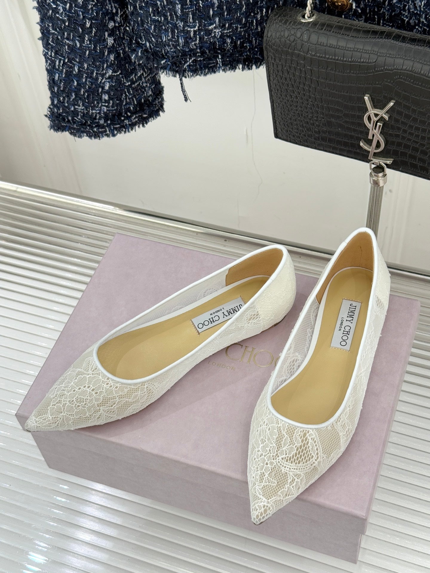 Jimmy Choo Classic Lace Pointed-Toe Ballet Flats White Sheepskin 573525