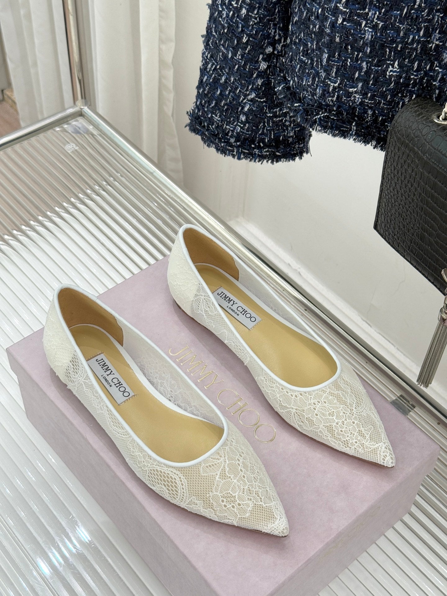 Jimmy Choo Classic Lace Pointed-Toe Ballet Flats White Sheepskin 573525