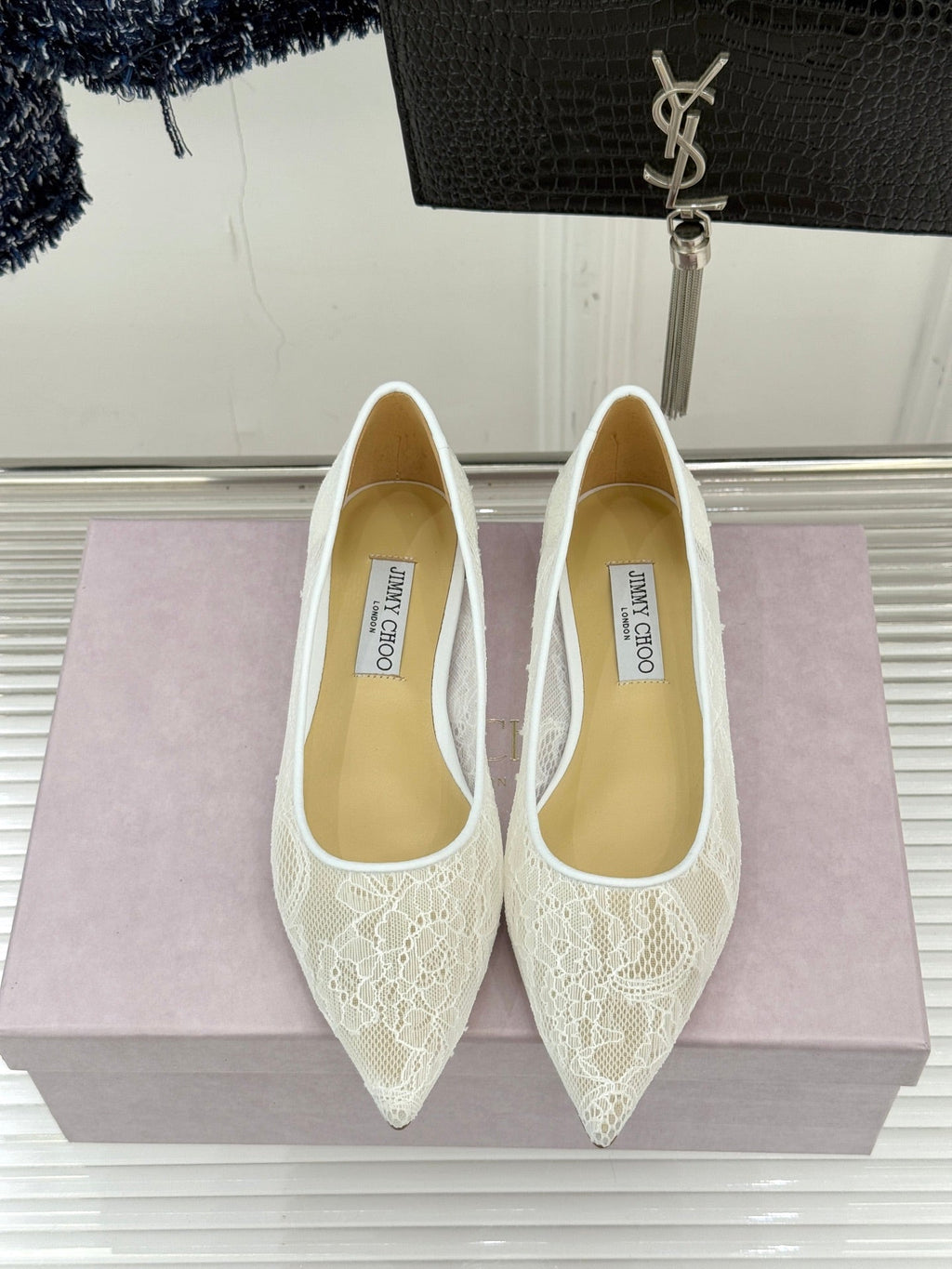 Jimmy Choo Classic Lace Pointed-Toe Ballet Flats White Sheepskin 573525