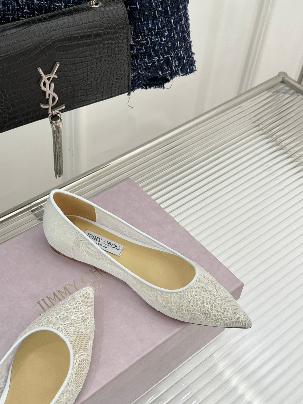 Jimmy Choo Classic Lace Pointed-Toe Ballet Flats White Sheepskin 573525