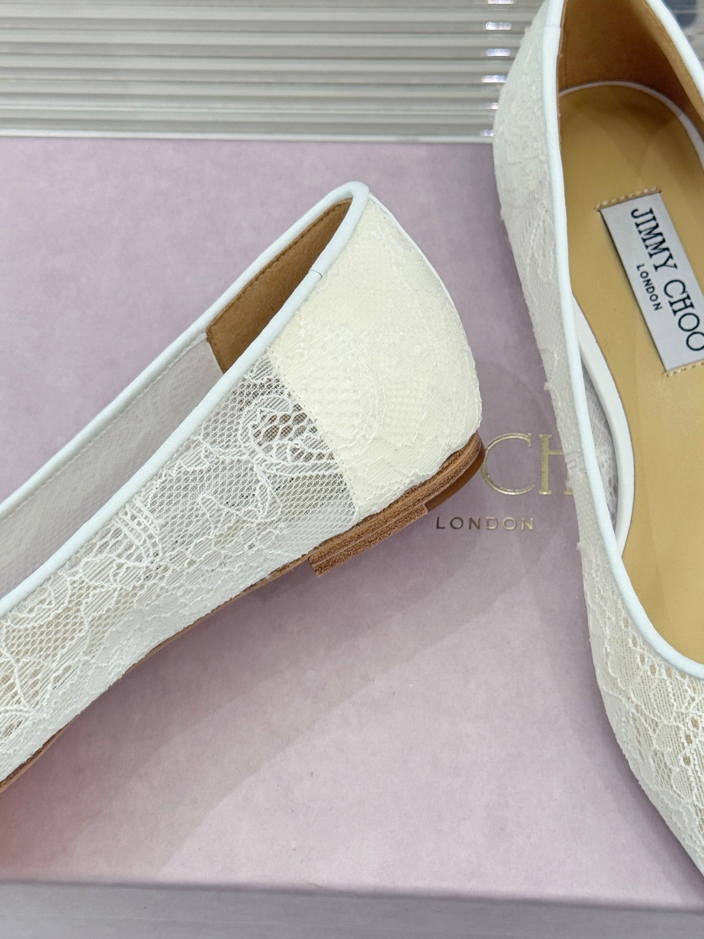Jimmy Choo Classic Lace Pointed-Toe Ballet Flats White Sheepskin 573525