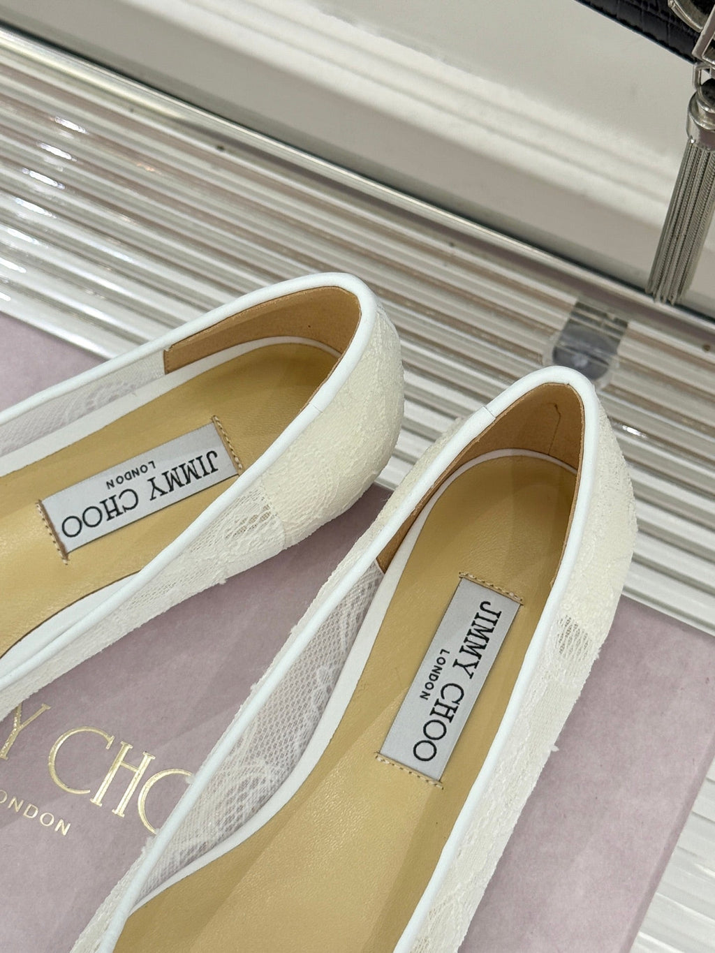 Jimmy Choo Classic Lace Pointed-Toe Ballet Flats White Sheepskin 573525