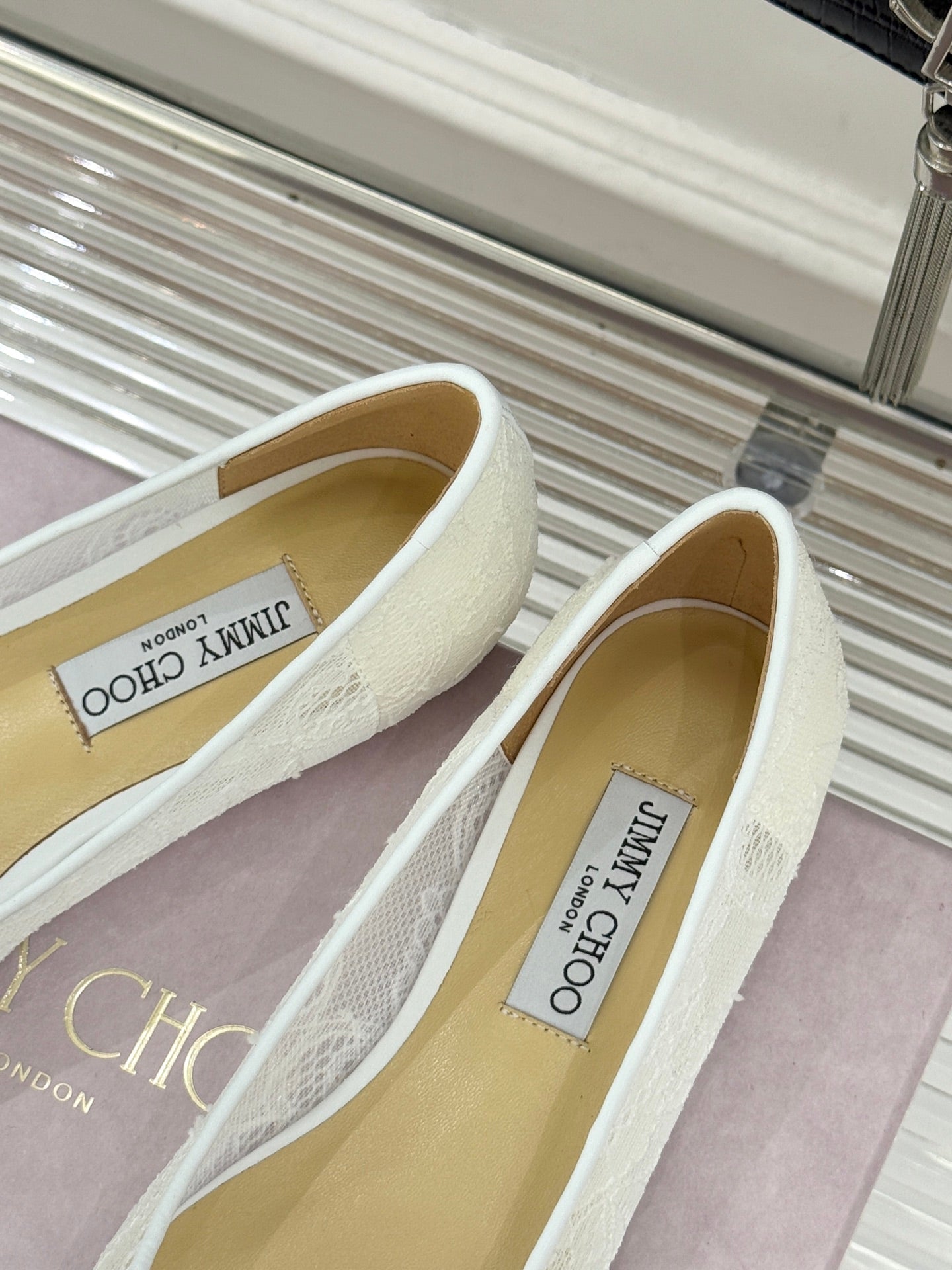 Jimmy Choo Classic Lace Pointed-Toe Ballet Flats White Sheepskin 573525