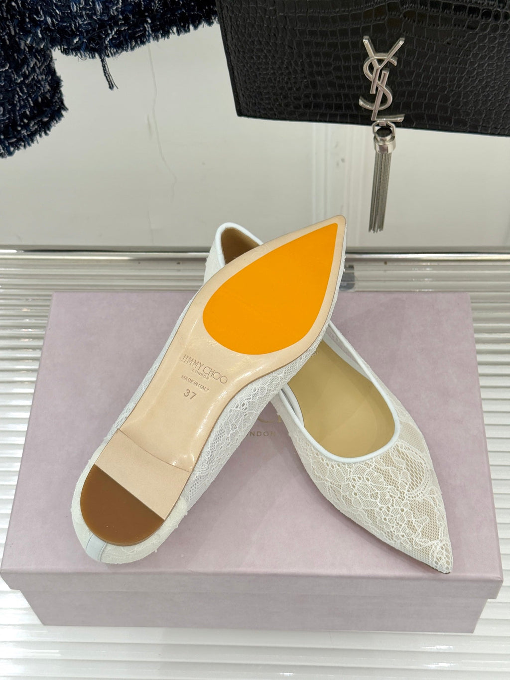 Jimmy Choo Classic Lace Pointed-Toe Ballet Flats White Sheepskin 573525