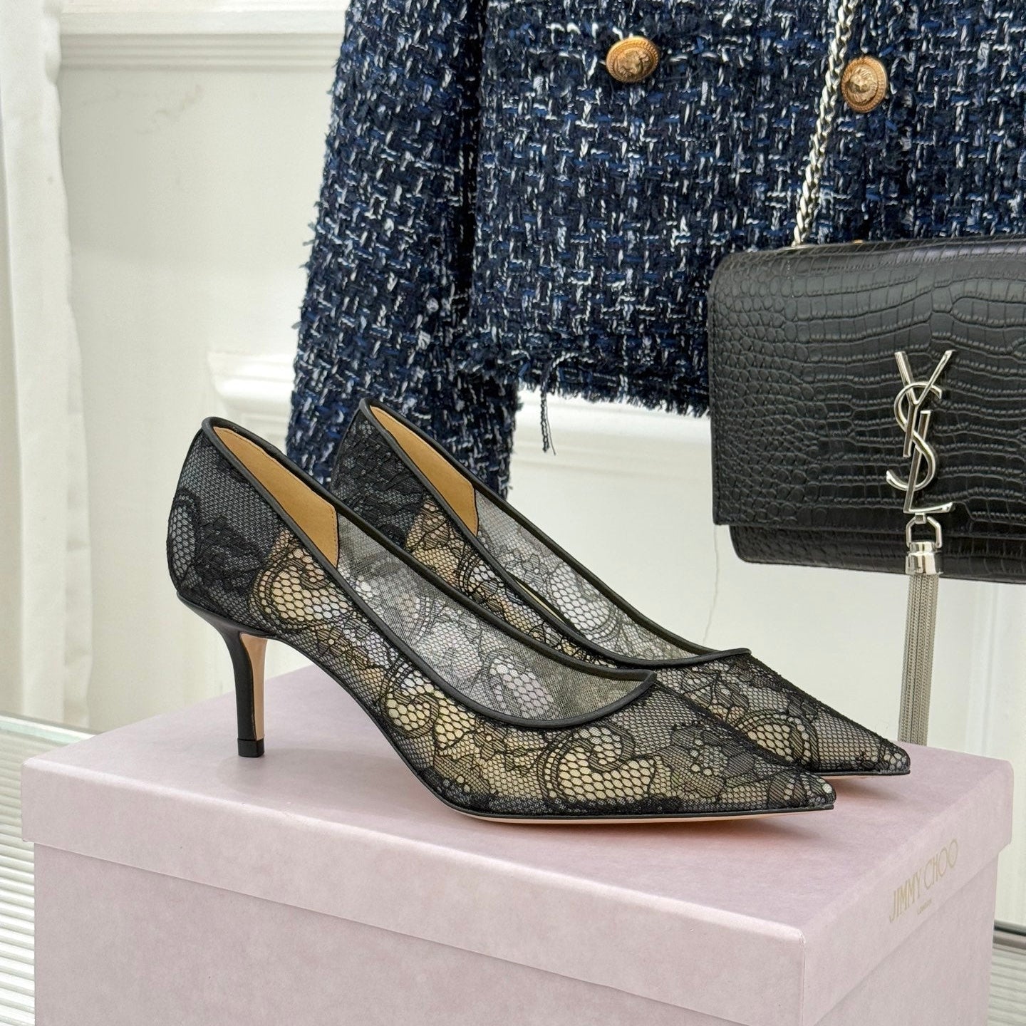 Jimmy Choo Classic Lace Pointed-Toe High Heels Black Sheepskin 573530