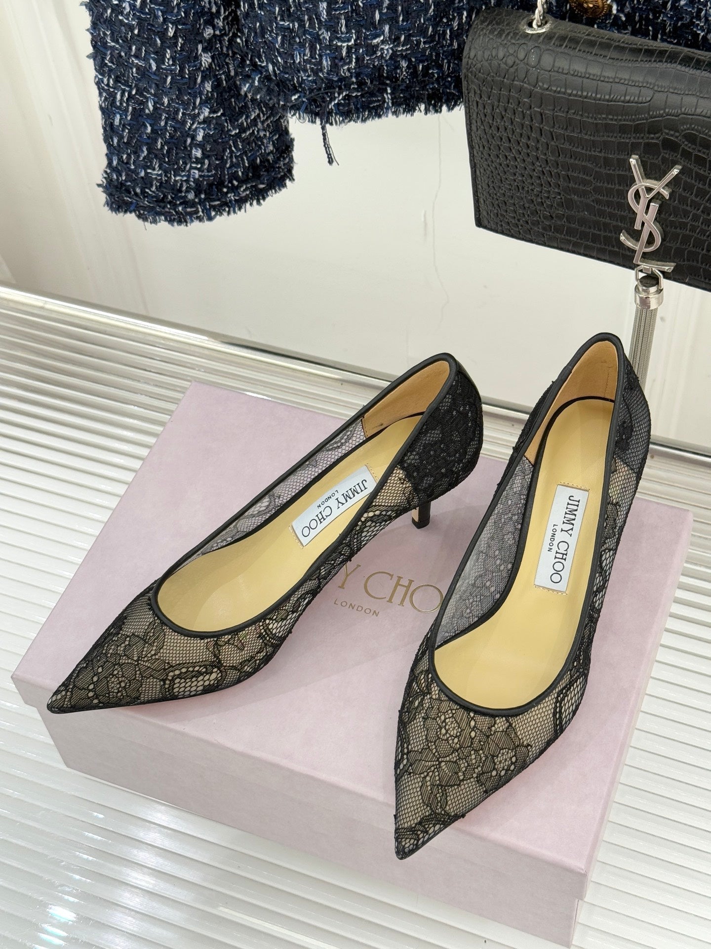 Jimmy Choo Classic Lace Pointed-Toe High Heels Black Sheepskin 573530