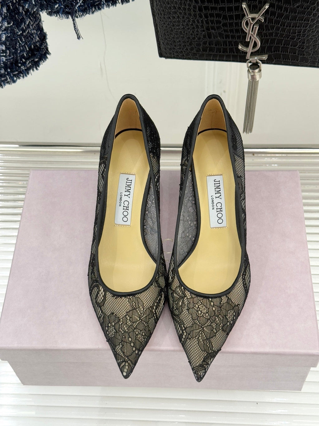 Jimmy Choo Classic Lace Pointed-Toe High Heels Black Sheepskin 573530