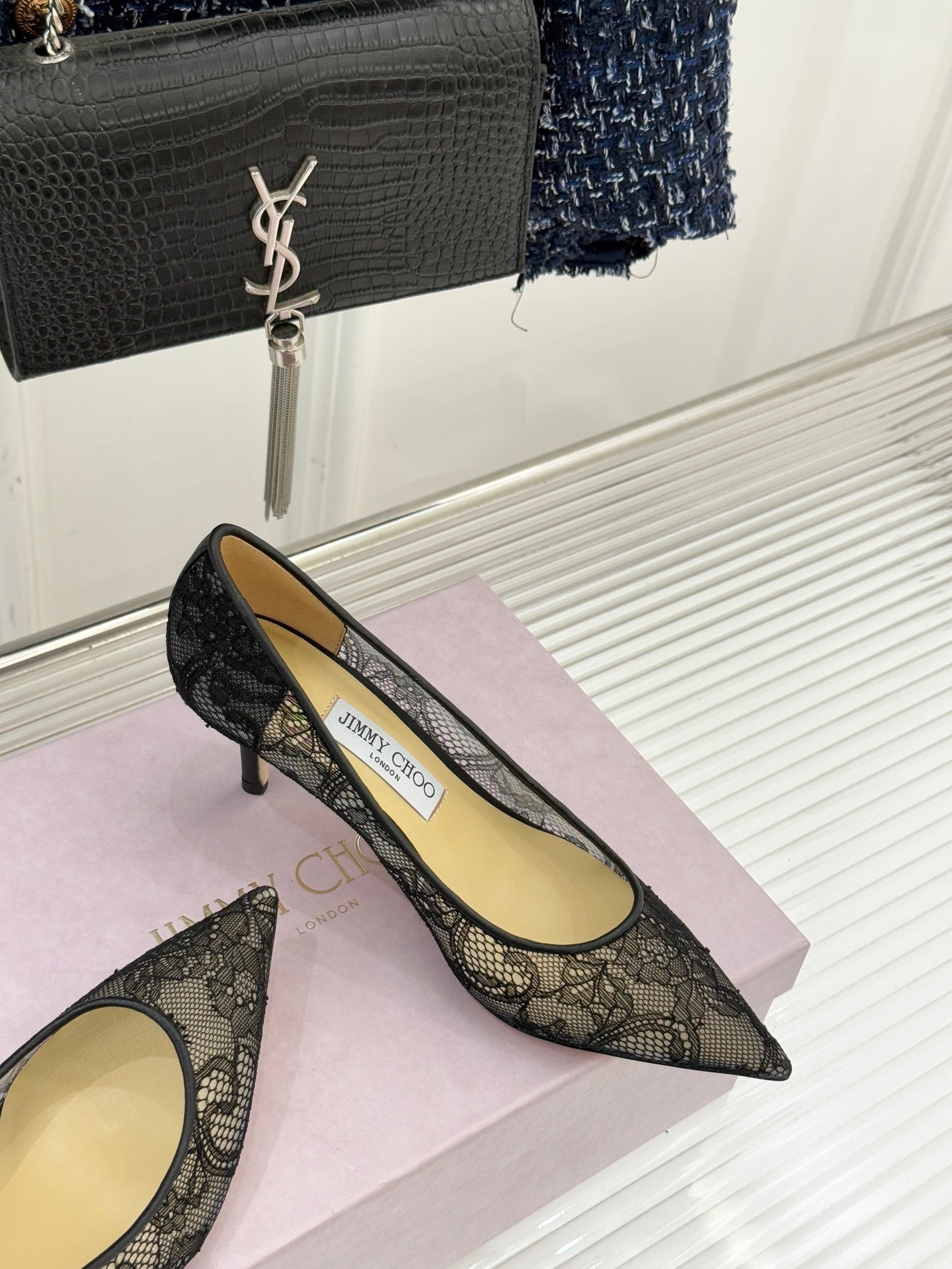 Jimmy Choo Classic Lace Pointed-Toe High Heels Black Sheepskin 573530