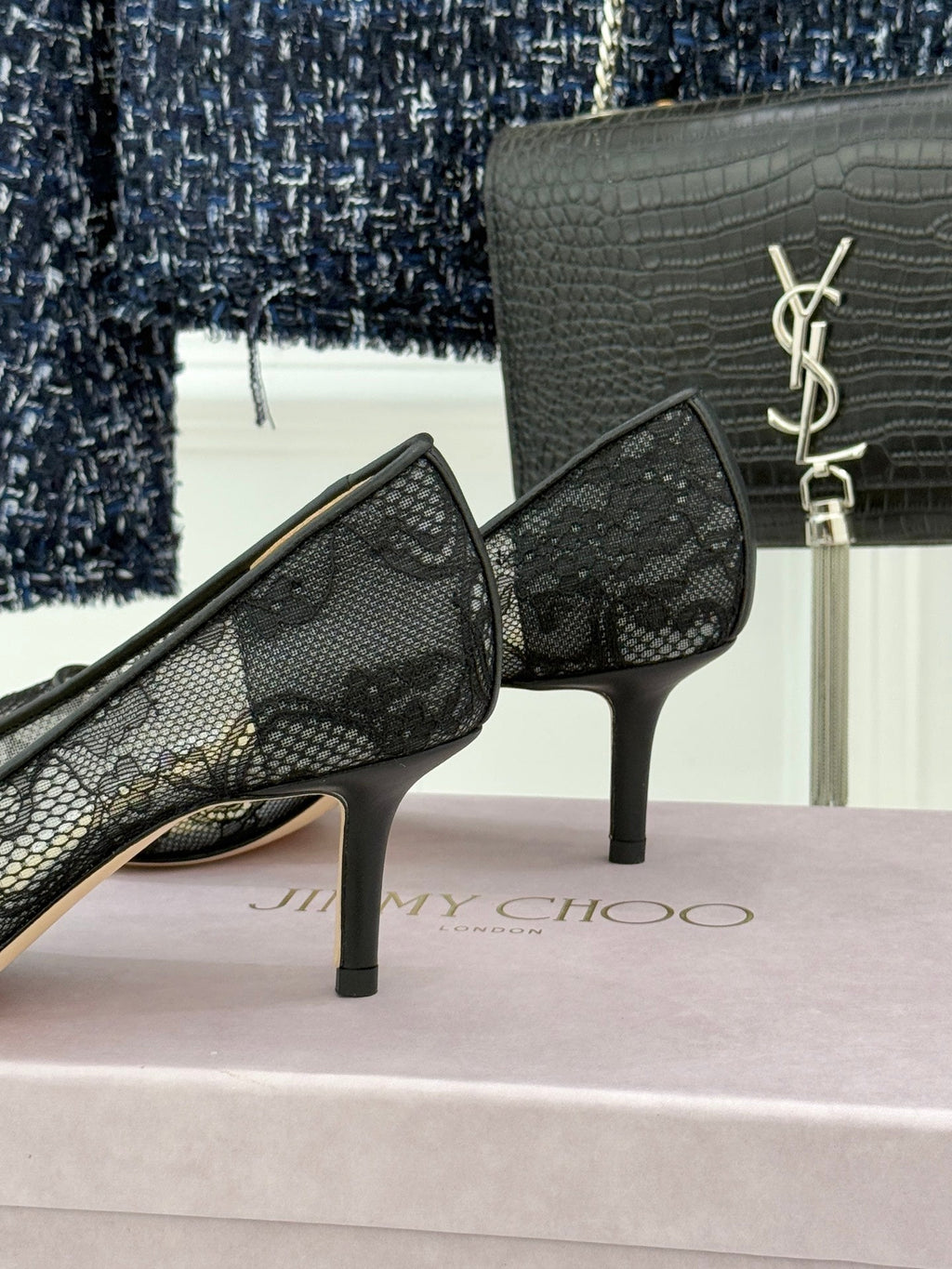 Jimmy Choo Classic Lace Pointed-Toe High Heels Black Sheepskin 573530