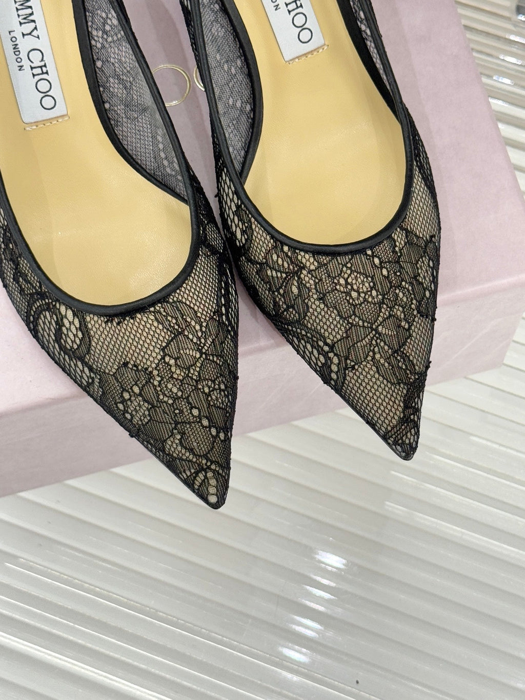 Jimmy Choo Classic Lace Pointed-Toe High Heels Black Sheepskin 573530