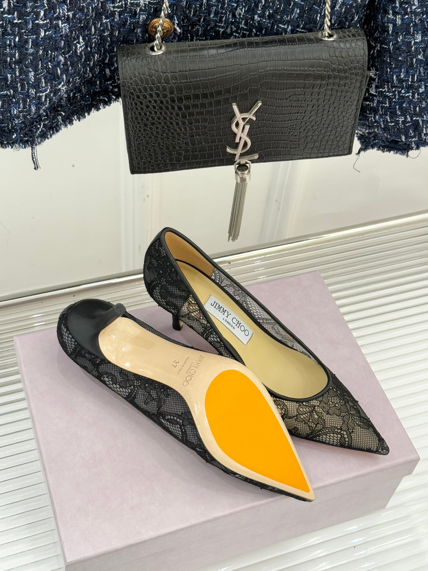 Jimmy Choo Classic Lace Pointed-Toe High Heels Black Sheepskin 573530