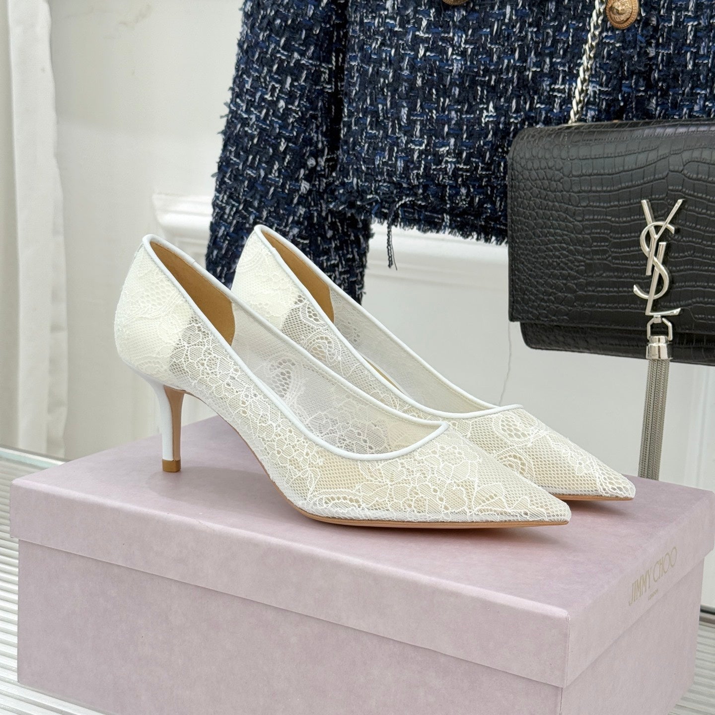 Jimmy Choo Classic Lace Pointed-Toe High Heels White Sheepskin 573529