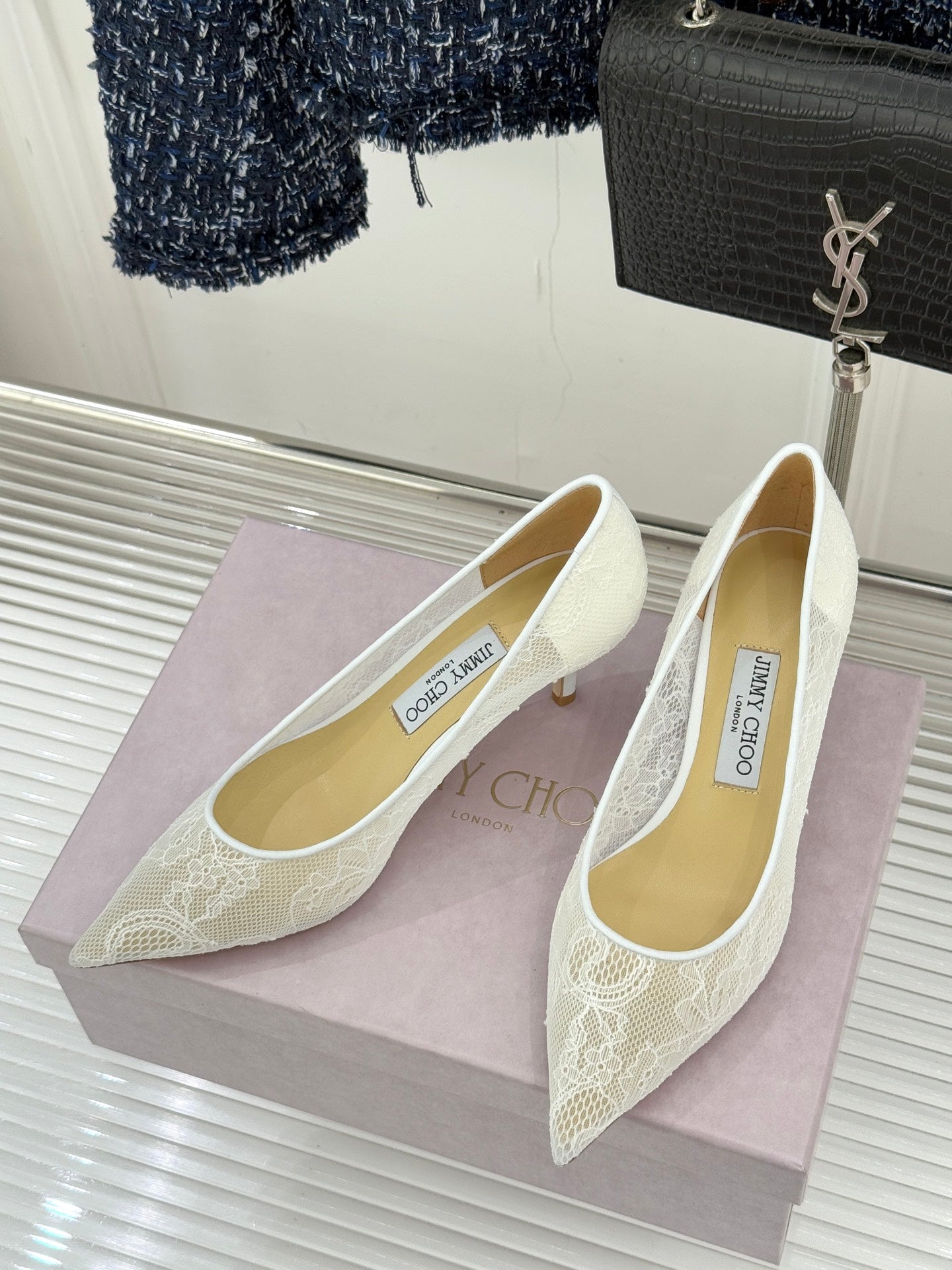 Jimmy Choo Classic Lace Pointed-Toe High Heels White Sheepskin 573529