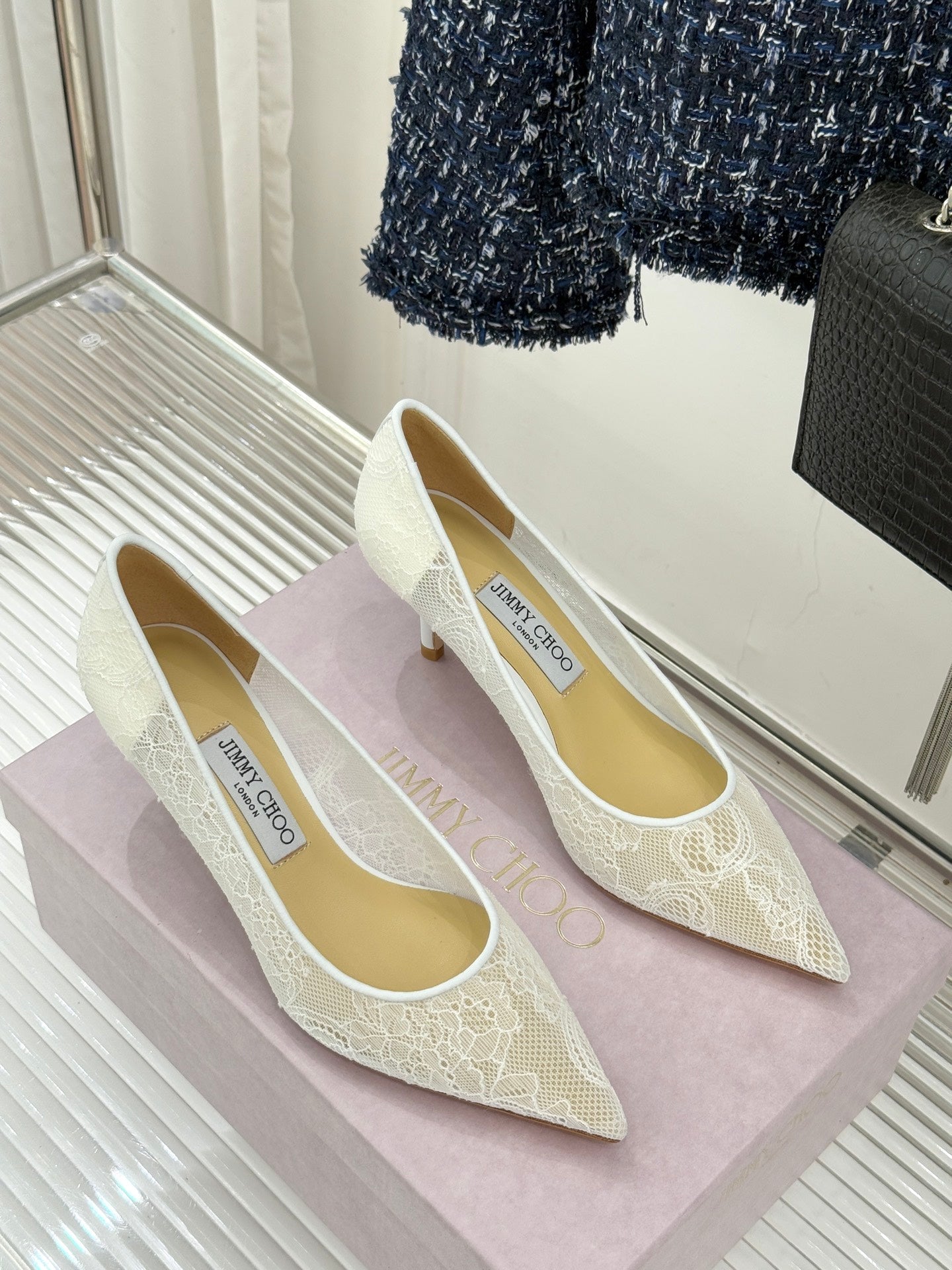 Jimmy Choo Classic Lace Pointed-Toe High Heels White Sheepskin 573529