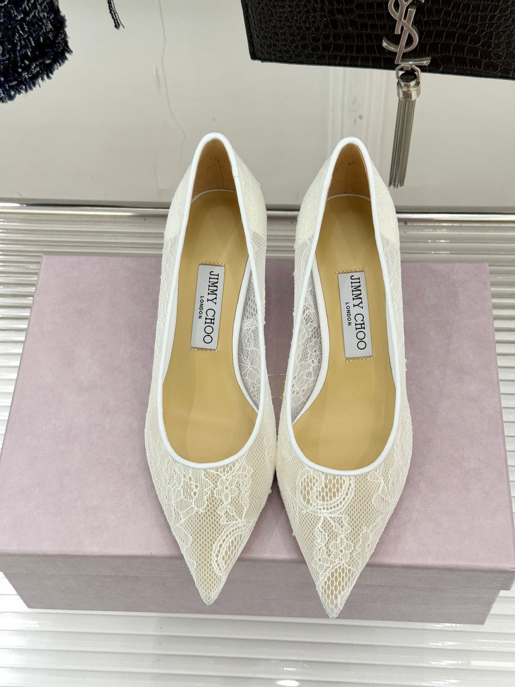 Jimmy Choo Classic Lace Pointed-Toe High Heels White Sheepskin 573529
