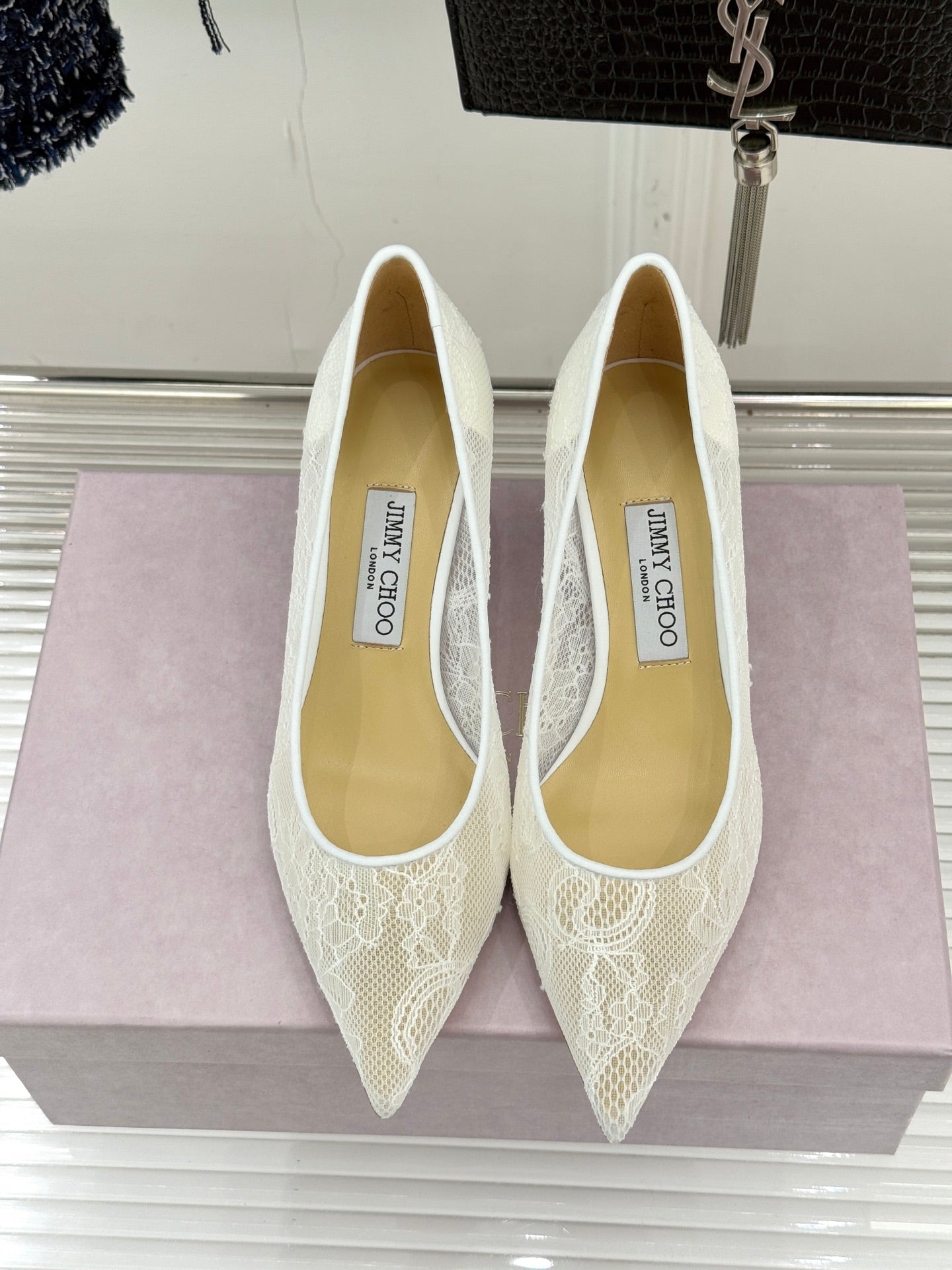 Jimmy Choo Classic Lace Pointed-Toe High Heels White Sheepskin 573529