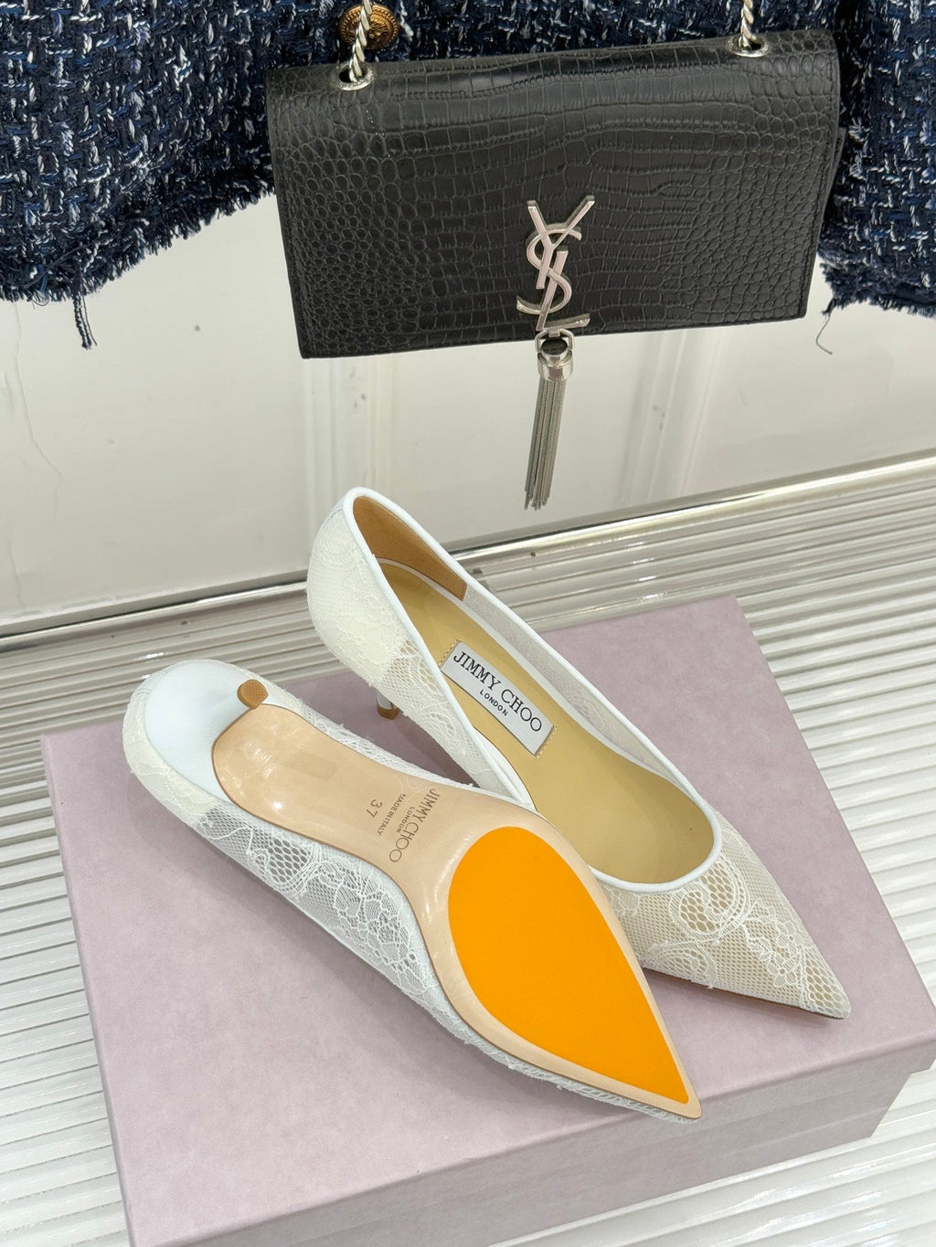 Jimmy Choo Classic Lace Pointed-Toe High Heels White Sheepskin 573529