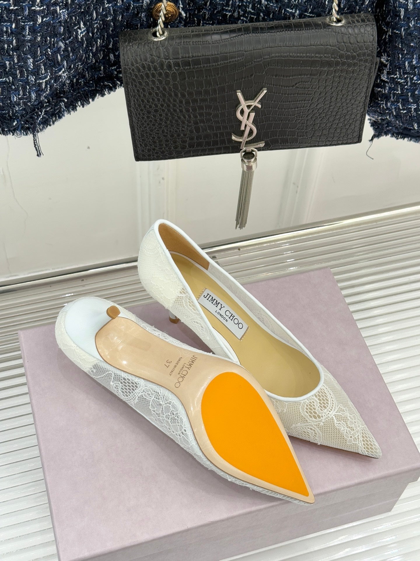 Jimmy Choo Classic Lace Pointed-Toe High Heels White Sheepskin 573529