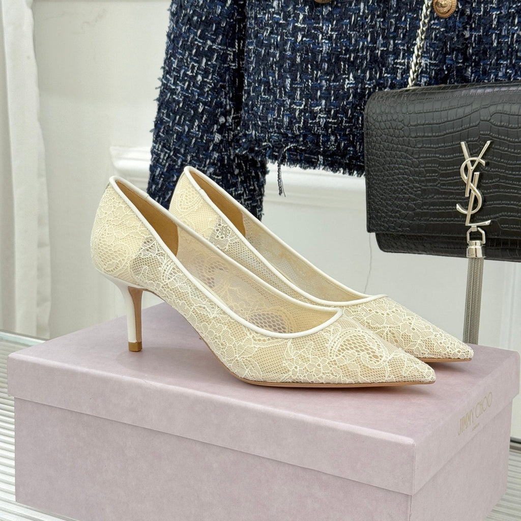 Jimmy Choo Classic Lace Pointed-Toe High Heels Ivory Sheepskin 573528
