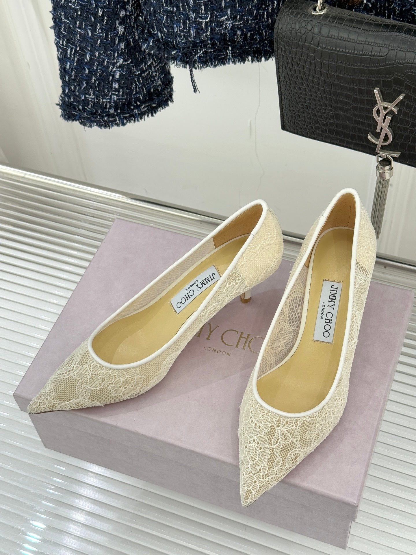 Jimmy Choo Classic Lace Pointed-Toe High Heels Ivory Sheepskin 573528