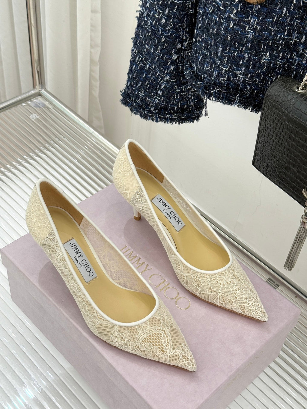 Jimmy Choo Classic Lace Pointed-Toe High Heels Ivory Sheepskin 573528