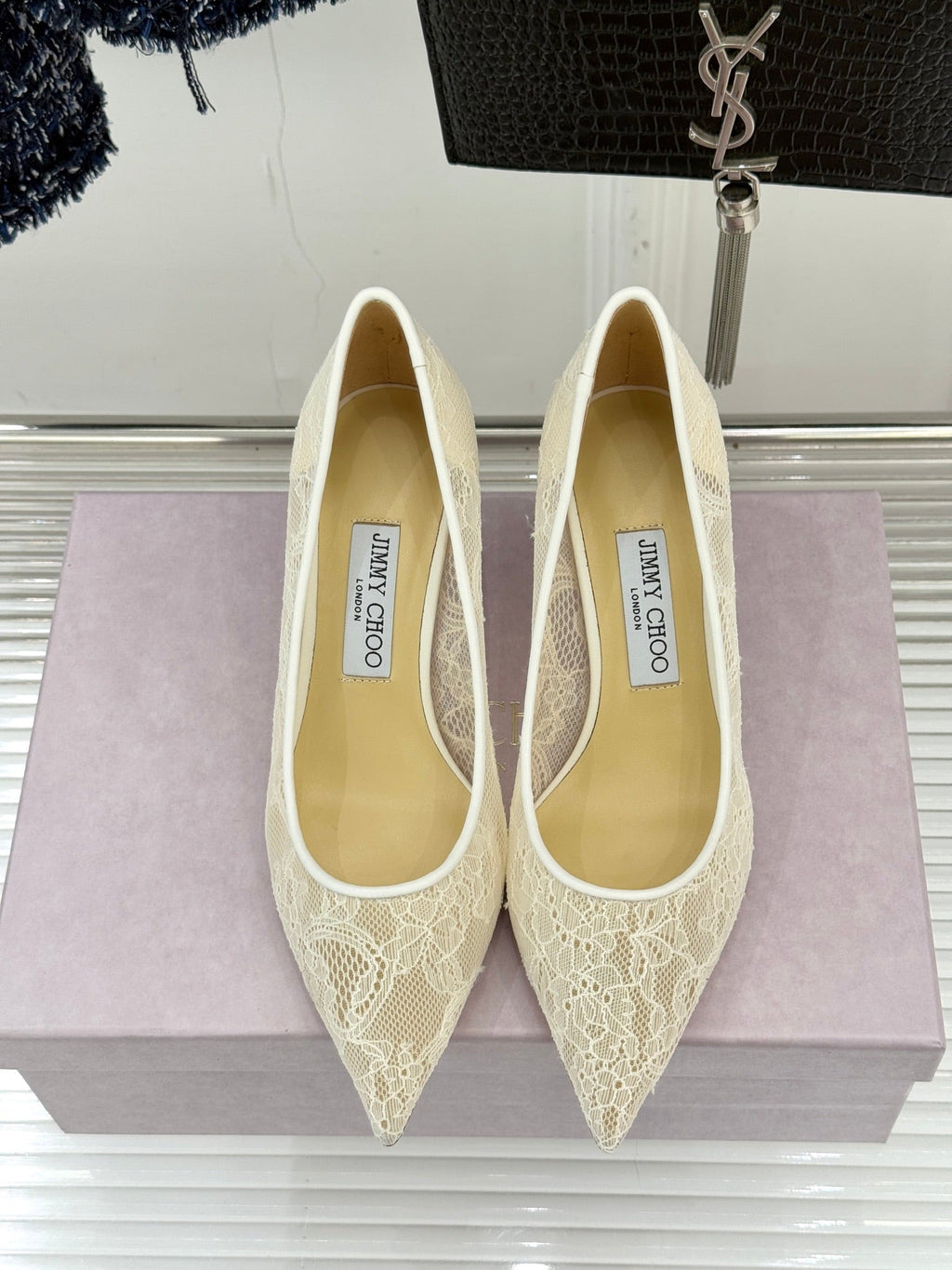 Jimmy Choo Classic Lace Pointed-Toe High Heels Ivory Sheepskin 573528