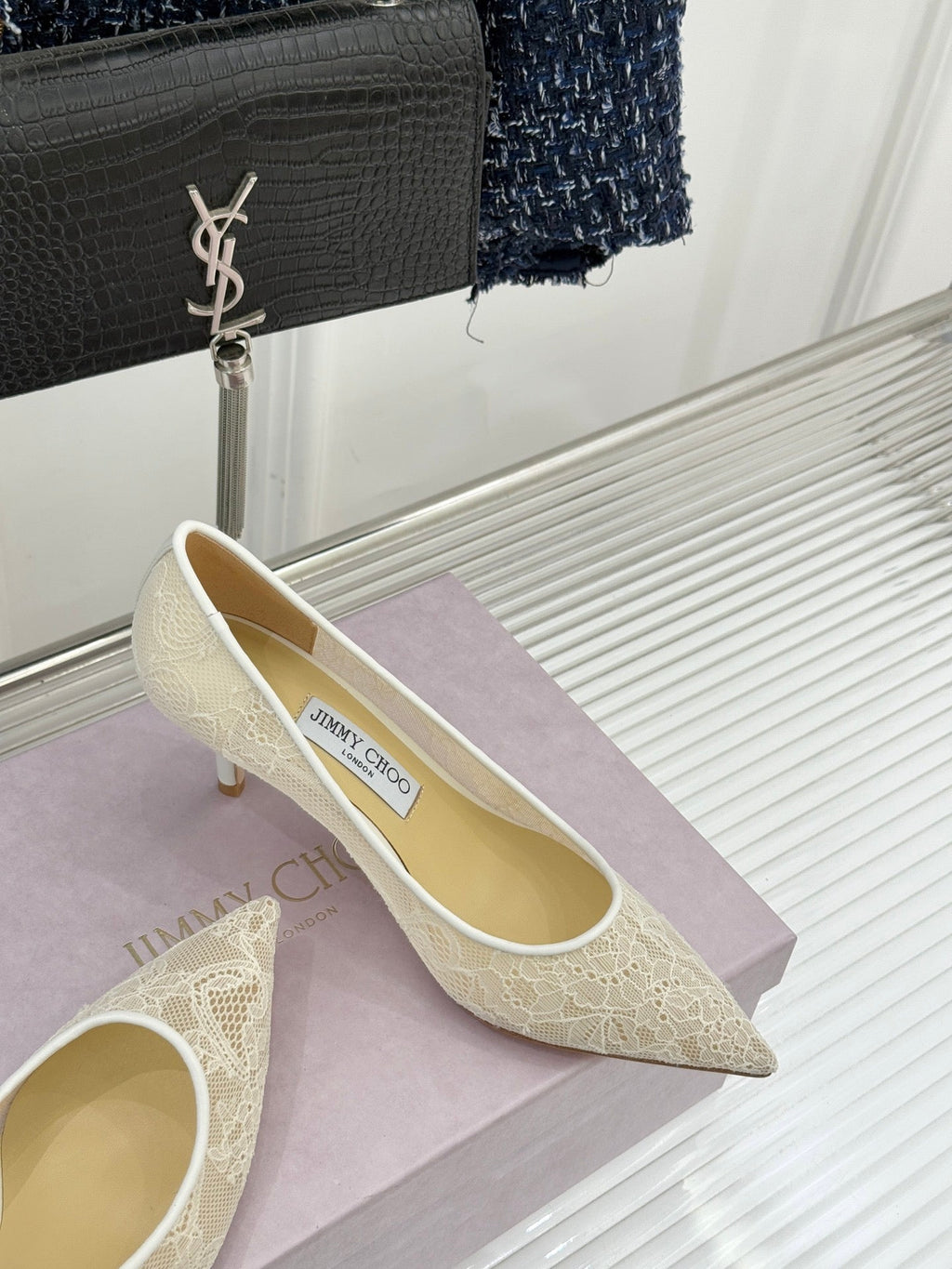 Jimmy Choo Classic Lace Pointed-Toe High Heels Ivory Sheepskin 573528