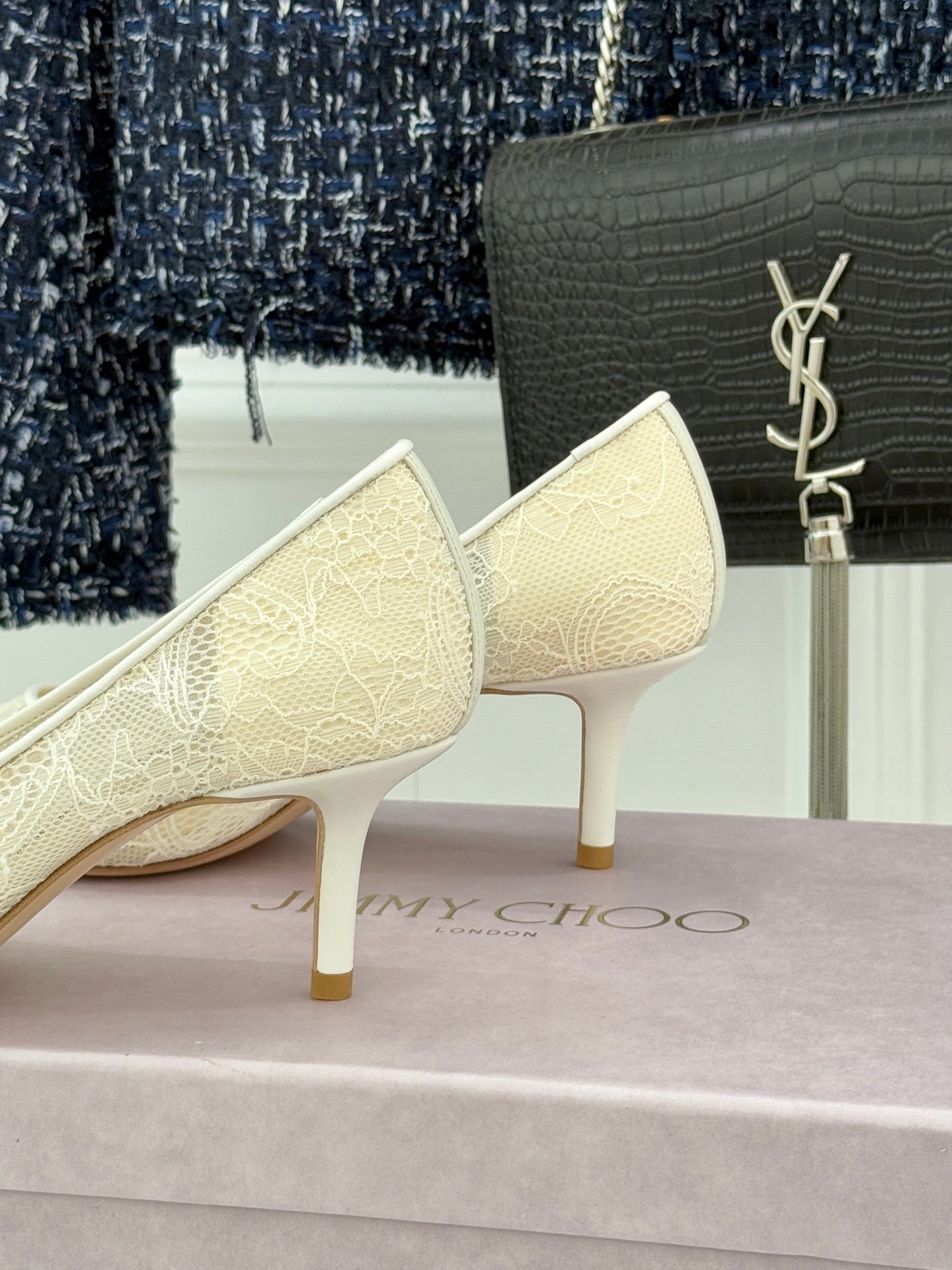 Jimmy Choo Classic Lace Pointed-Toe High Heels Ivory Sheepskin 573528