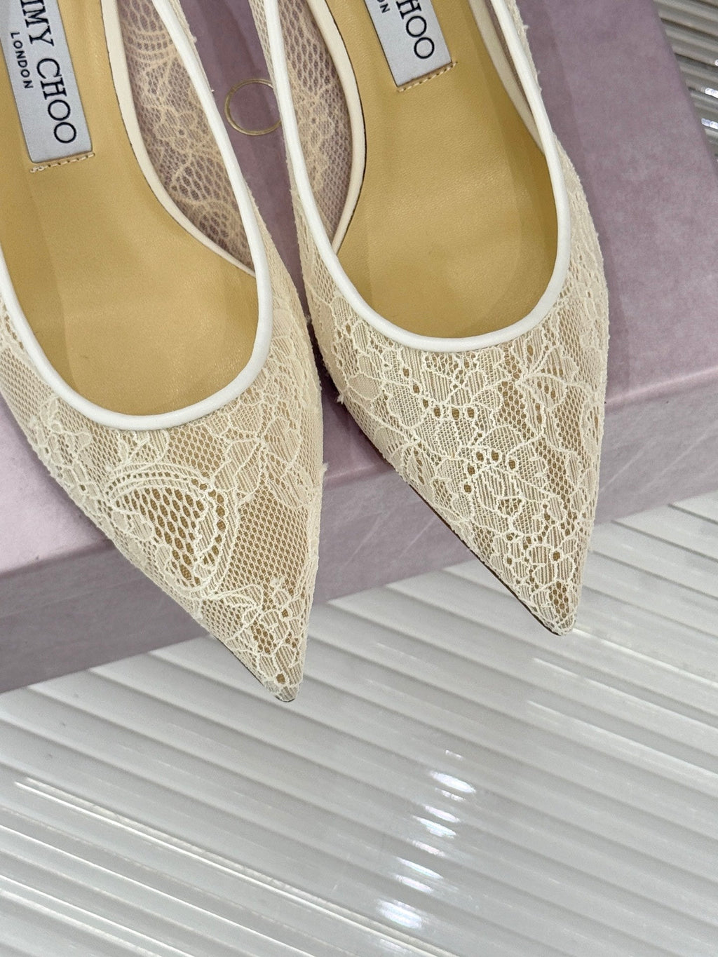 Jimmy Choo Classic Lace Pointed-Toe High Heels Ivory Sheepskin 573528