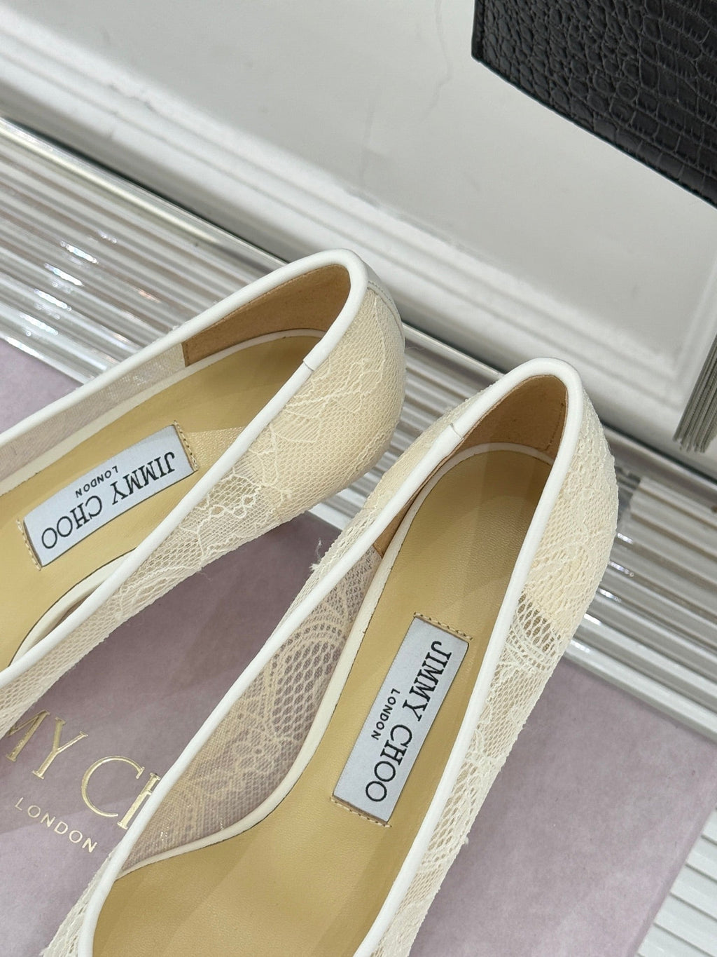 Jimmy Choo Classic Lace Pointed-Toe High Heels Ivory Sheepskin 573528