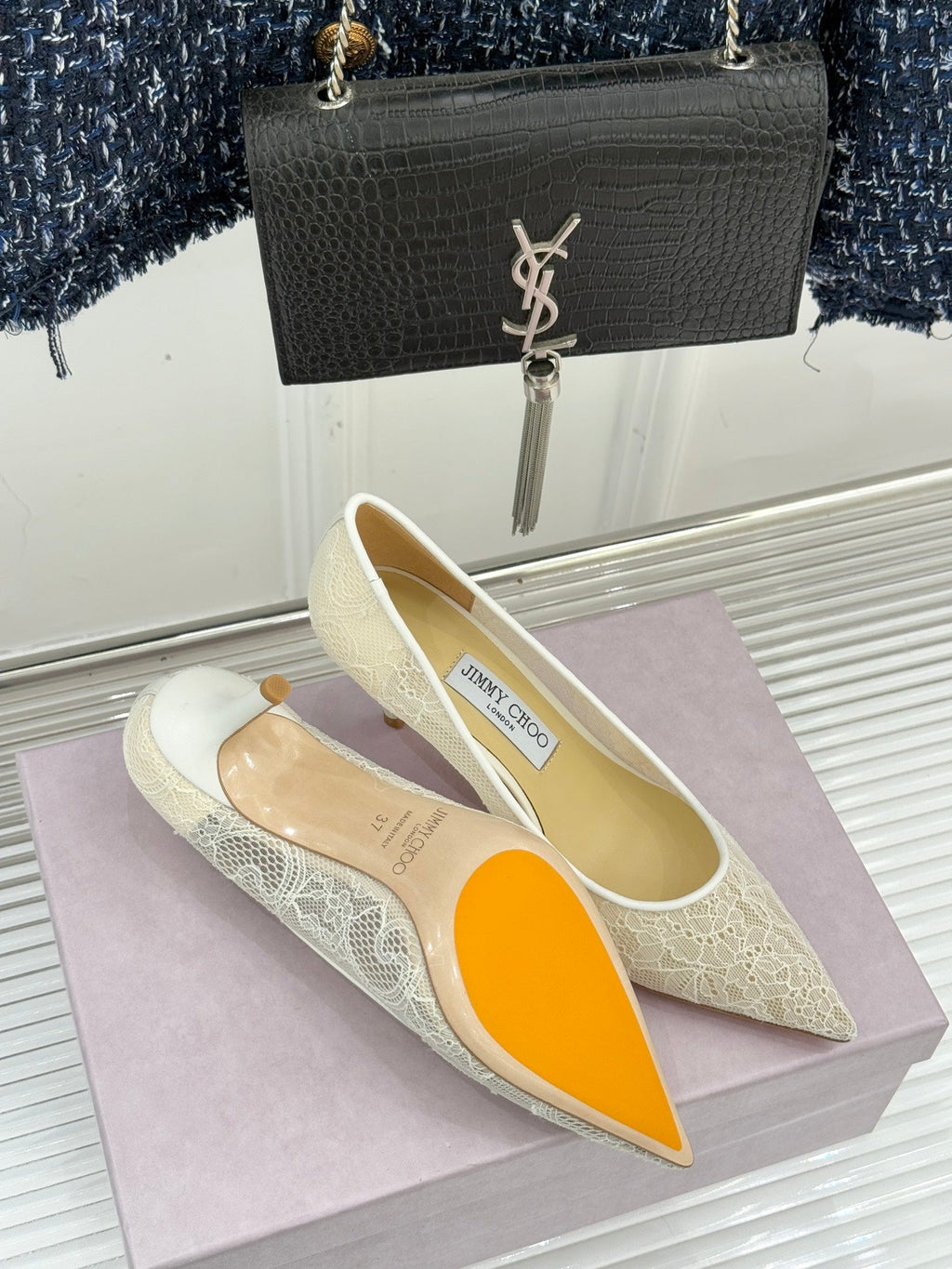 Jimmy Choo Classic Lace Pointed-Toe High Heels Ivory Sheepskin 573528