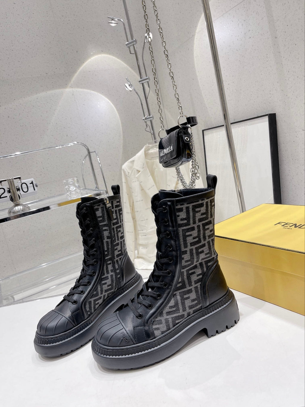 Fendi DOMINO New Monogram Lace-up Boots Black in Sheepskin 576795