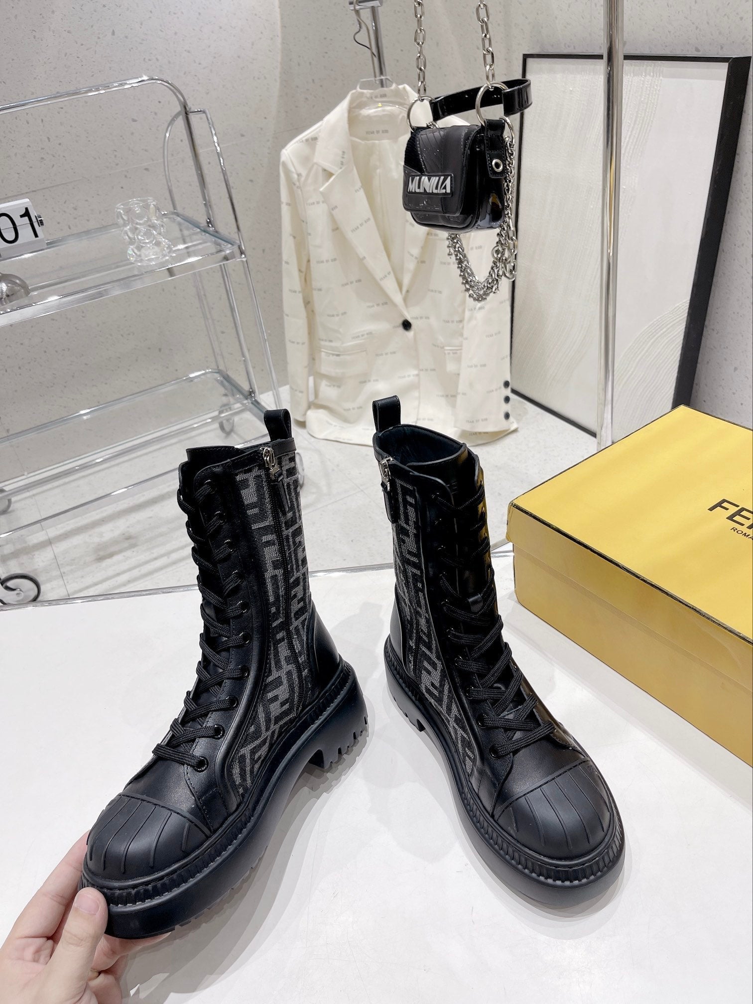 Fendi DOMINO New Monogram Lace-up Boots Black in Sheepskin 576795