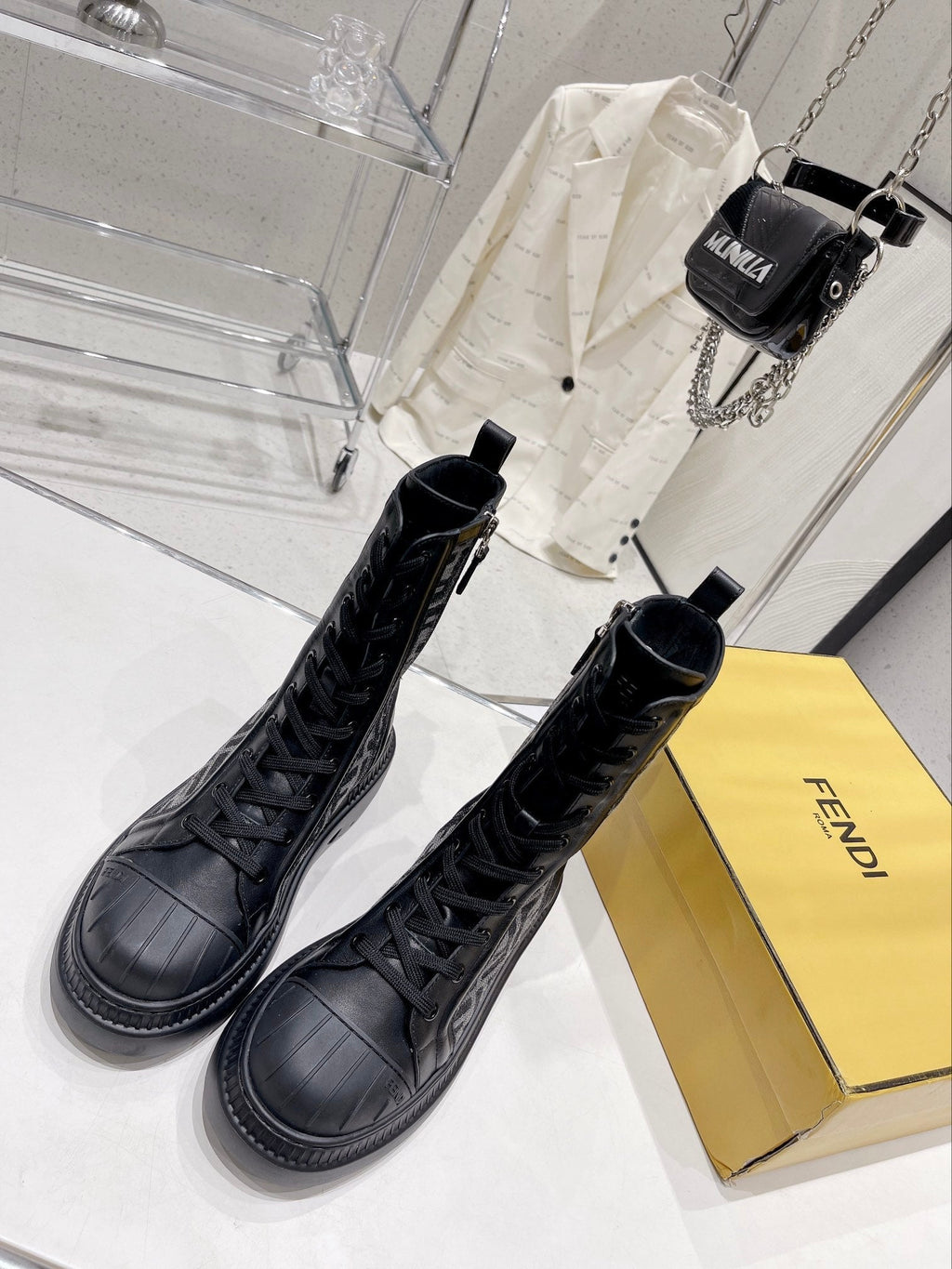 Fendi DOMINO New Monogram Lace-up Boots Black in Sheepskin 576795