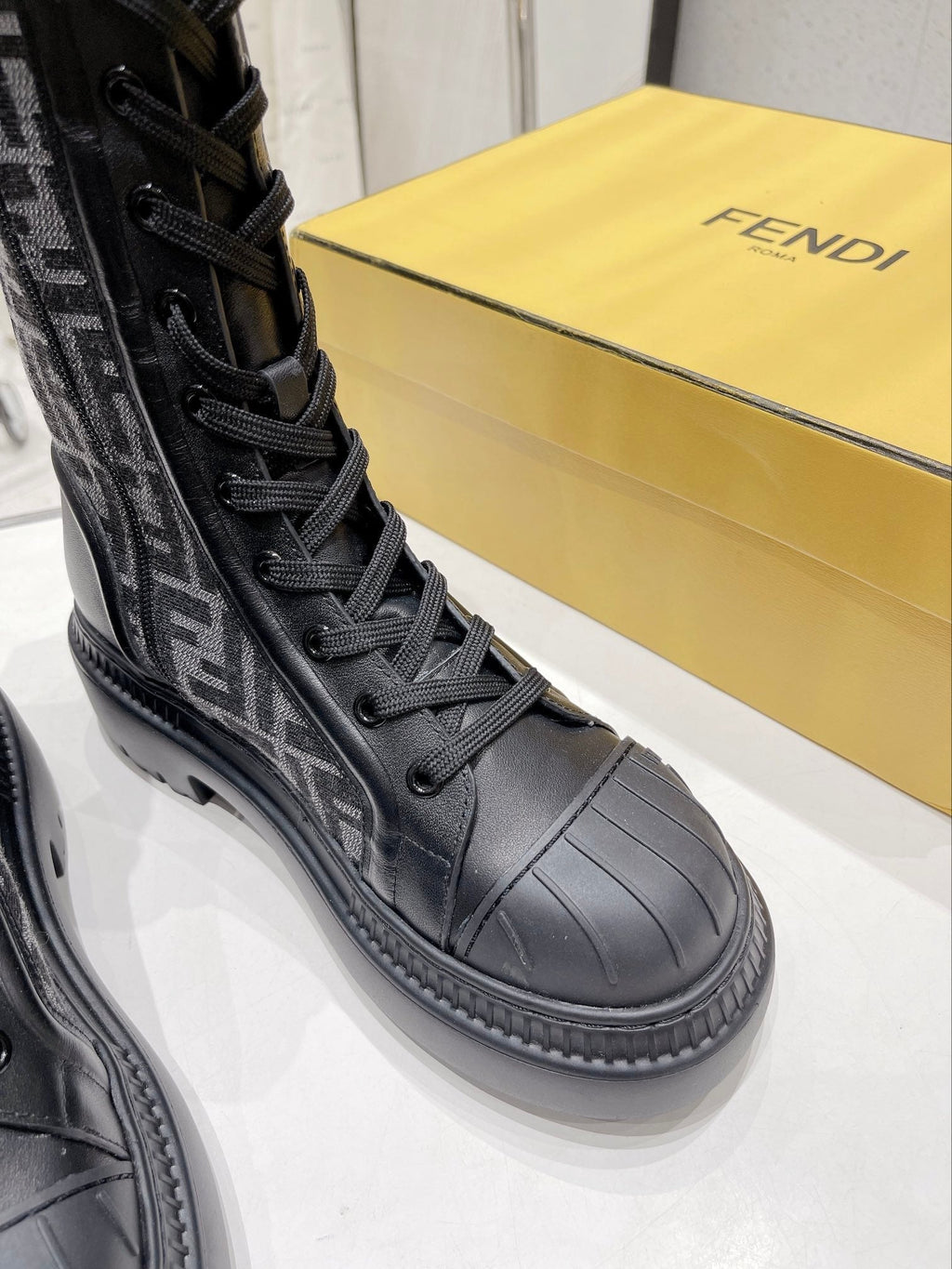 Fendi DOMINO New Monogram Lace-up Boots Black in Sheepskin 576795