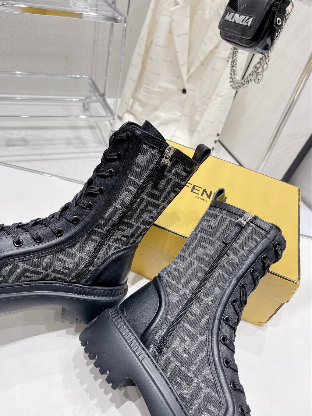 Fendi DOMINO New Monogram Lace-up Boots Black in Sheepskin 576795