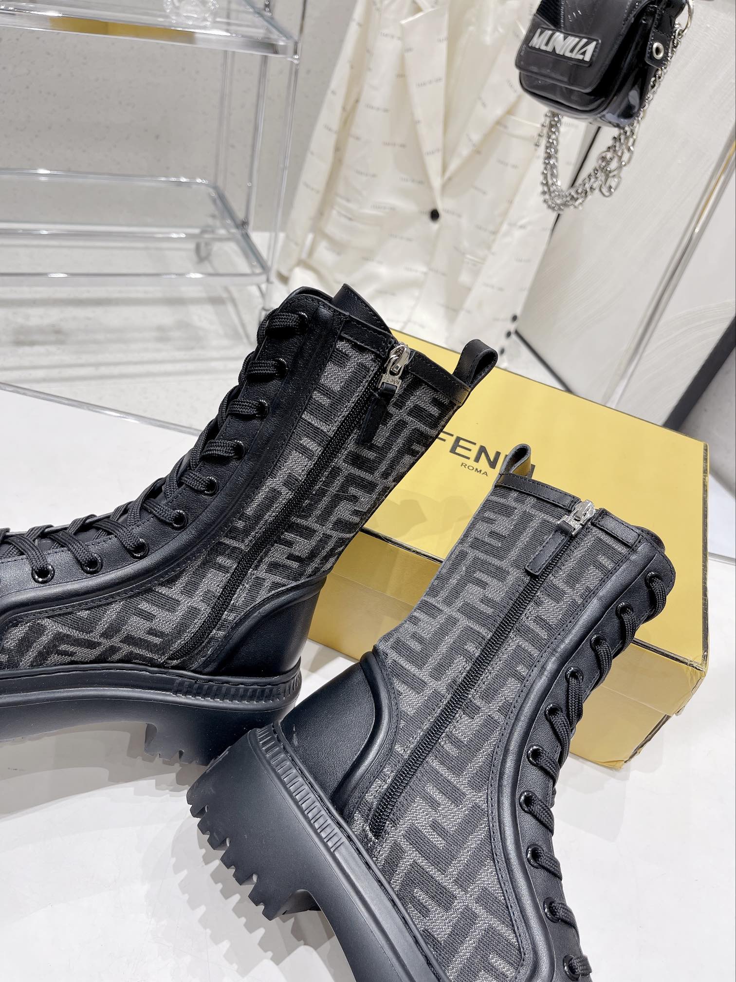 Fendi DOMINO New Monogram Lace-up Boots Black in Sheepskin 576795